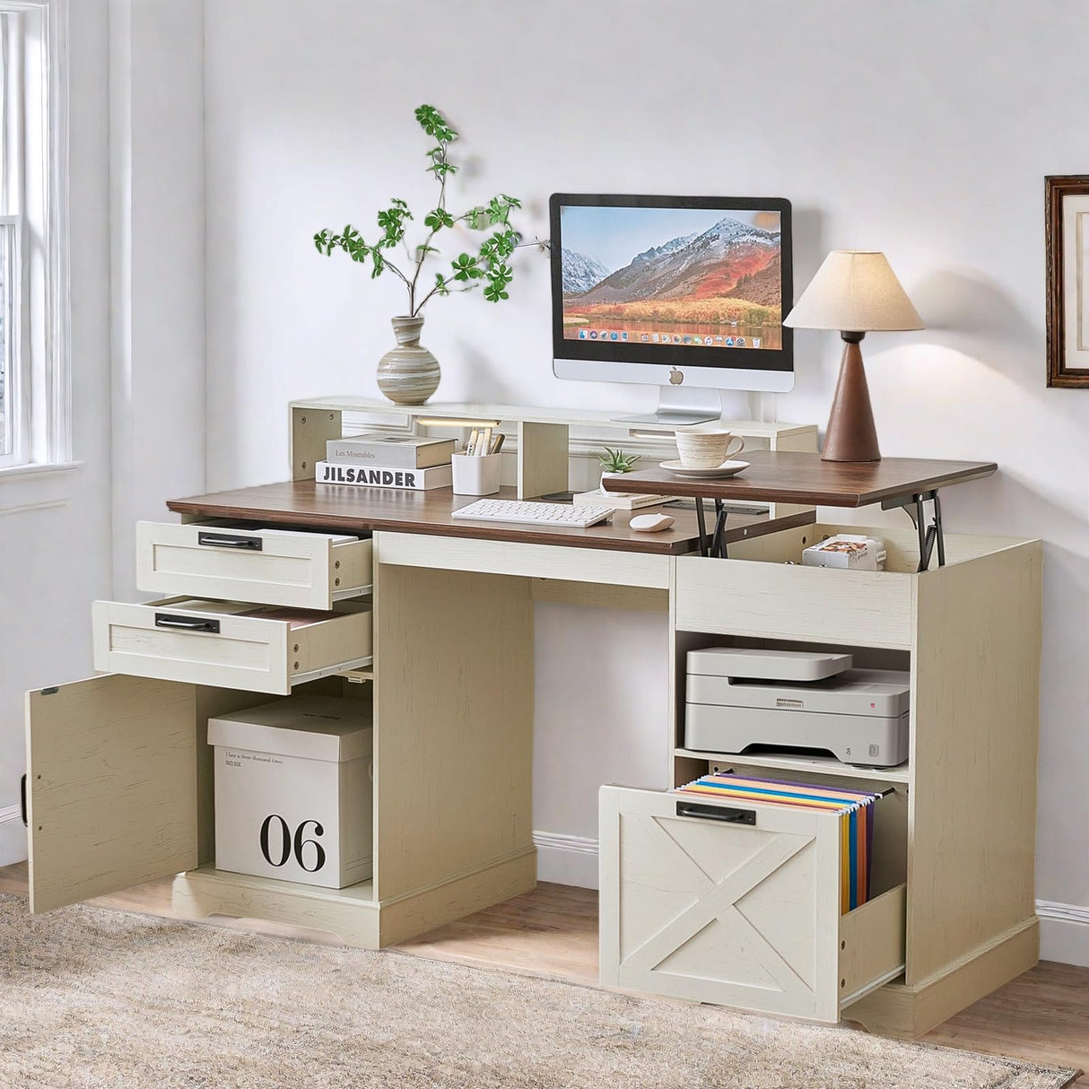 JanflyHome Executive Desk with File Storage Drawer, 63" Lift Top Farmhouse Home Office Gaming Desk with Charging Station, 3 Drawers Sensor Lights Wood Computer Table with Monitor Stand, Antique White JanflyHome