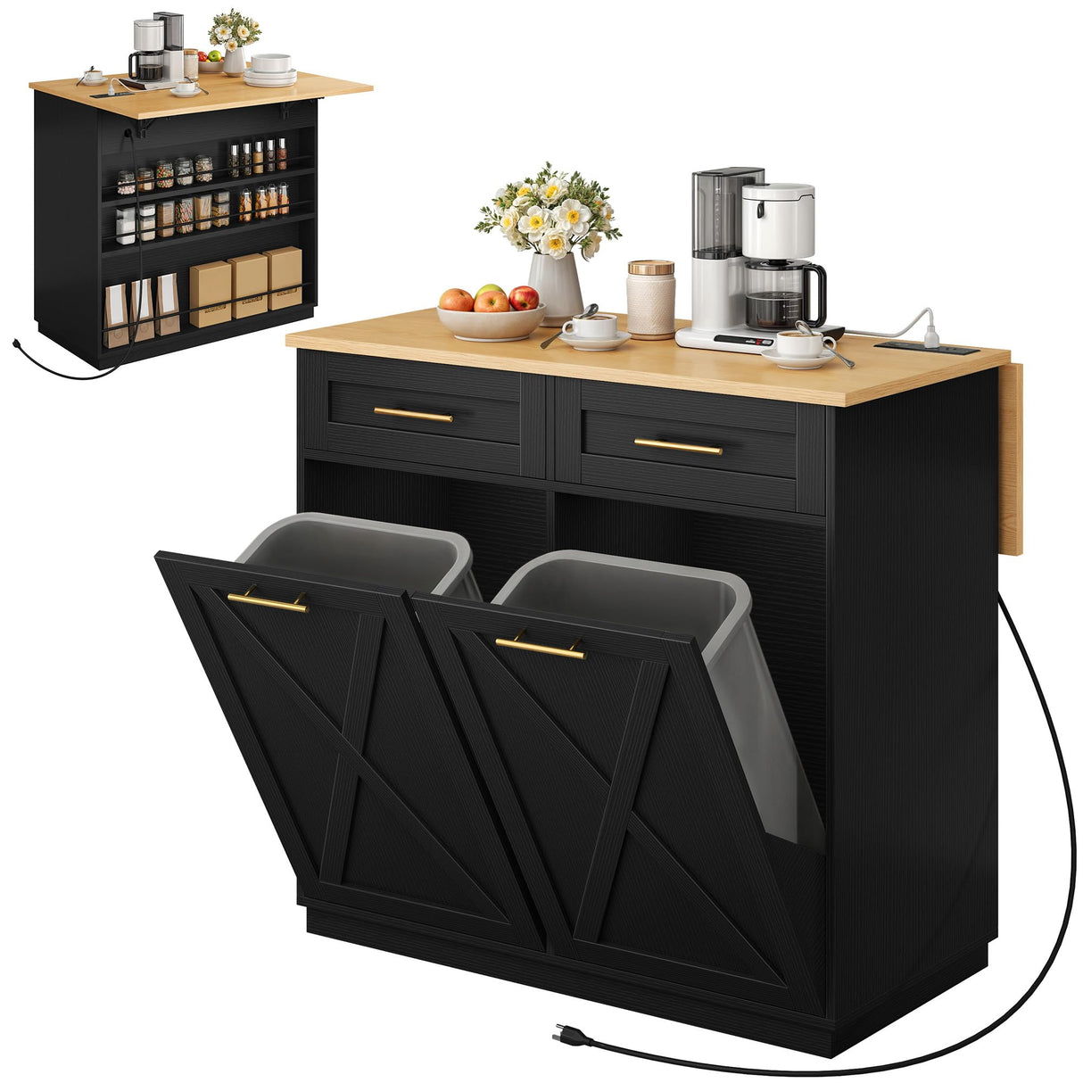YITAHOME Drop Leaf Kitchen Island with Double Tilt Out Trash Cabinet, Rolling Kitchen Trash Recycling Cabinet with Power Outlet, Drawers, 20 Gallon Garbage Bin Storage for Kitchen Dining Area, Black YITAHOME
