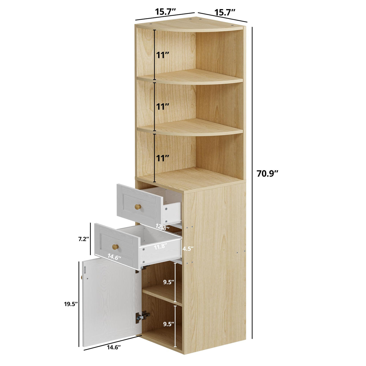 IRONCK Corner Bookshelf and Bookcase, 71" H Wooden Book Shelves 3 Tier with Drawers and Storage Cabinet for Living Room, Office, Bedroom, Oak and White IRONCK