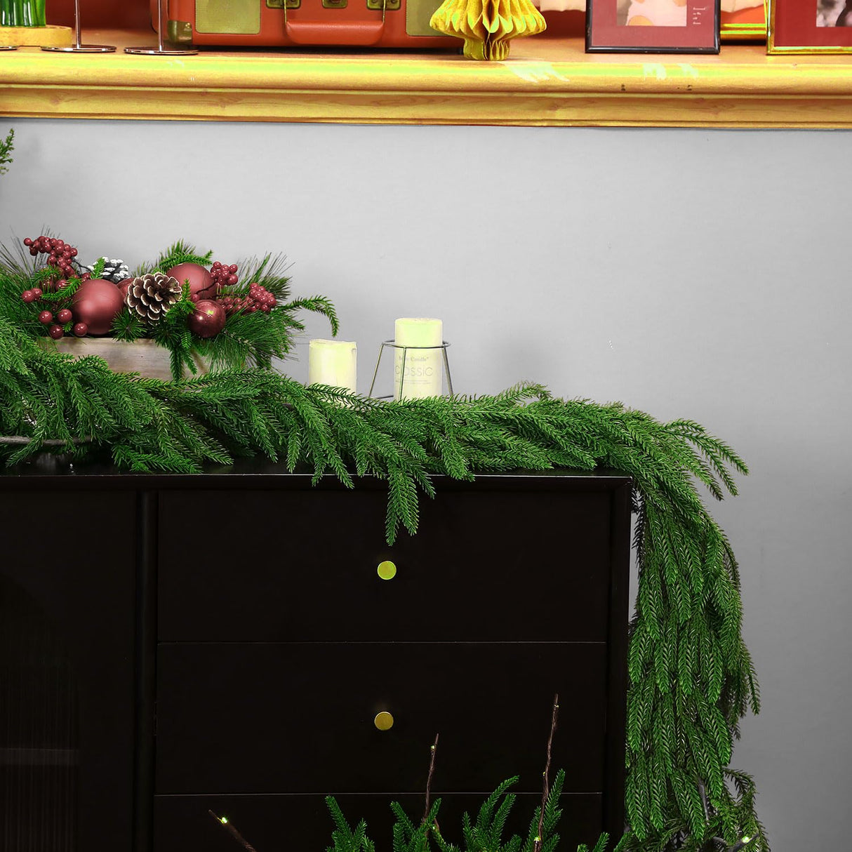 6 Ft 2 Pcs Artificial Norfolk Pine Garland, Real Touch Green Faux Greenery Garland for Christmas Table, Mantle, Wall, Fireplace, Indoor Outdoor Holiday Decor IPOOLTENG