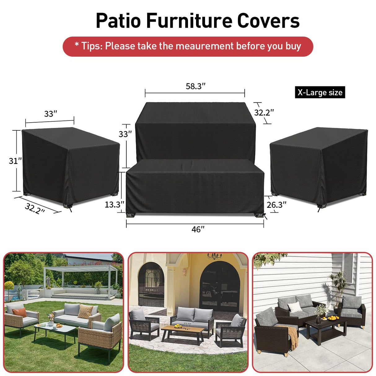 Patio Furniture Covers, 4 Piece Heavy Duty Waterproof Outdoor Furniture Cover with Windproof Buckle Strap, Rattan Wicker Patio Furniture Set Cover for Chair Sofa Black (Black, X-Large) CKCLUB