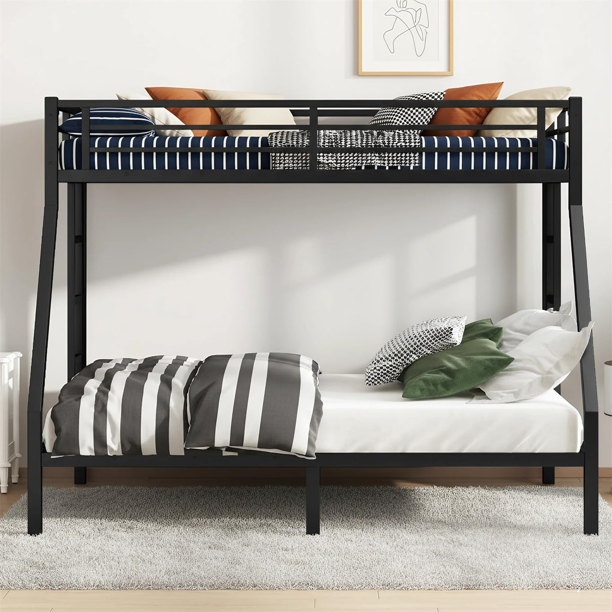 ICIUIOIR Twin XL Over Queen Bunk Bed Frame for Kids & Adults – Adult Metal Bunk Beds, Heavy Duty Frame, Literas para Niños, Camarotes, Bunk Bed with Stairs (No Box Spring Needed) (Black) ICIUIOIR
