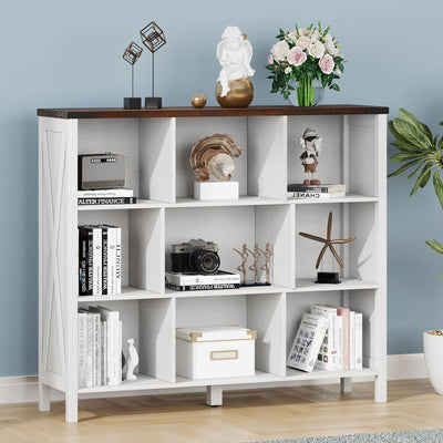 9 Cube Storage Organizer, Farmhouse Bookshelf Wooden Cube Shelves Bookcase 3-Tier Display Cabinet Rack for Bedroom, Living Room, Office (Brown&Off White, 9 Cube Open Shelves)