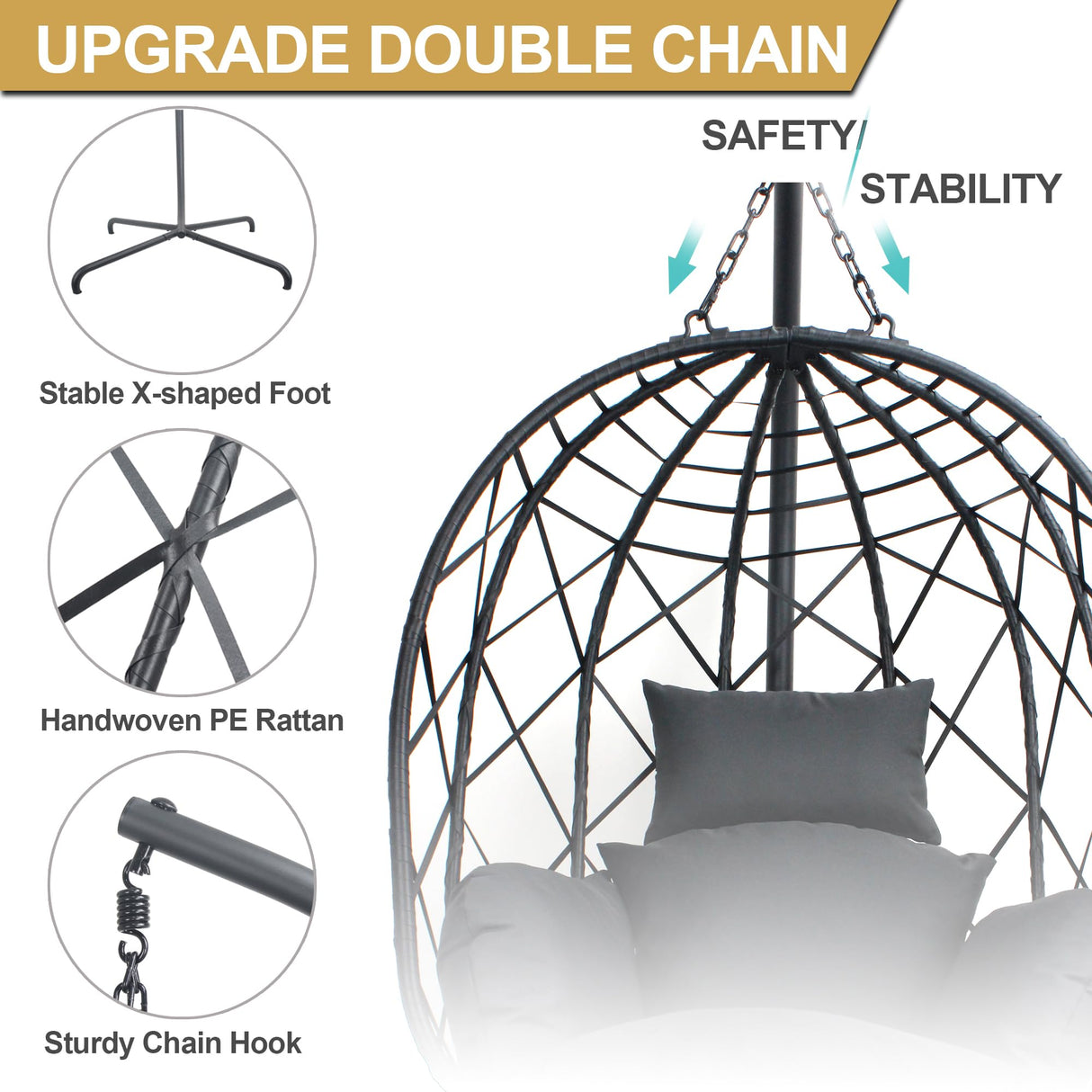 CHINNLUU Outdoor Hanging Egg Chair Outdoor Foldable Wicker Swing Chair with Stand UV Resistant Cushion 350lbs Capacity for Patio, Garden and Balcony CHINNLUU