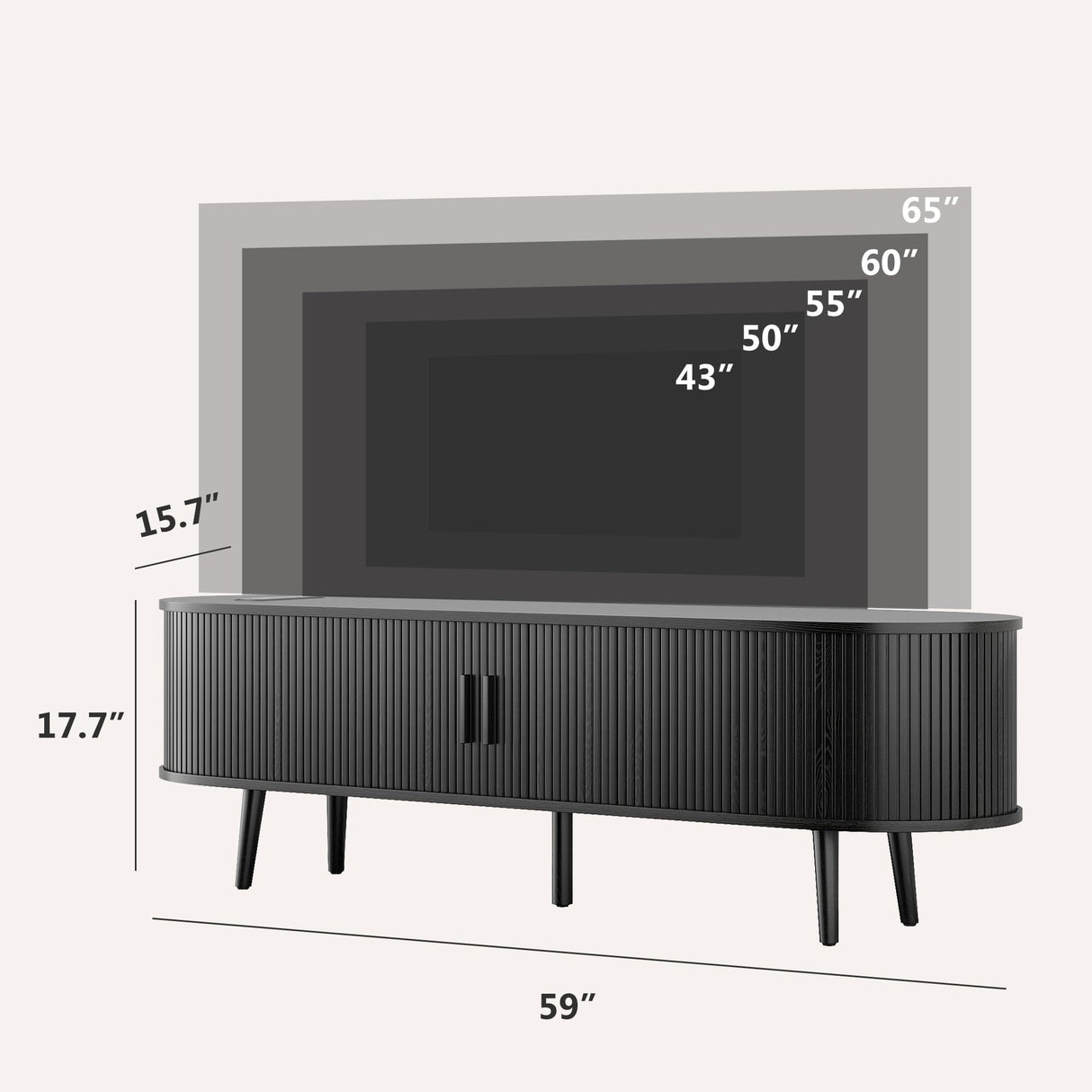 Mid Century Modern TV Stand for 65/55/50 inch TV, Farmhouse TV Stand with Charging Station, Fluted Entertainment Center with Storage and Sliding Doors, TV and Media Consol for Living Room, Black, 59" Syvella