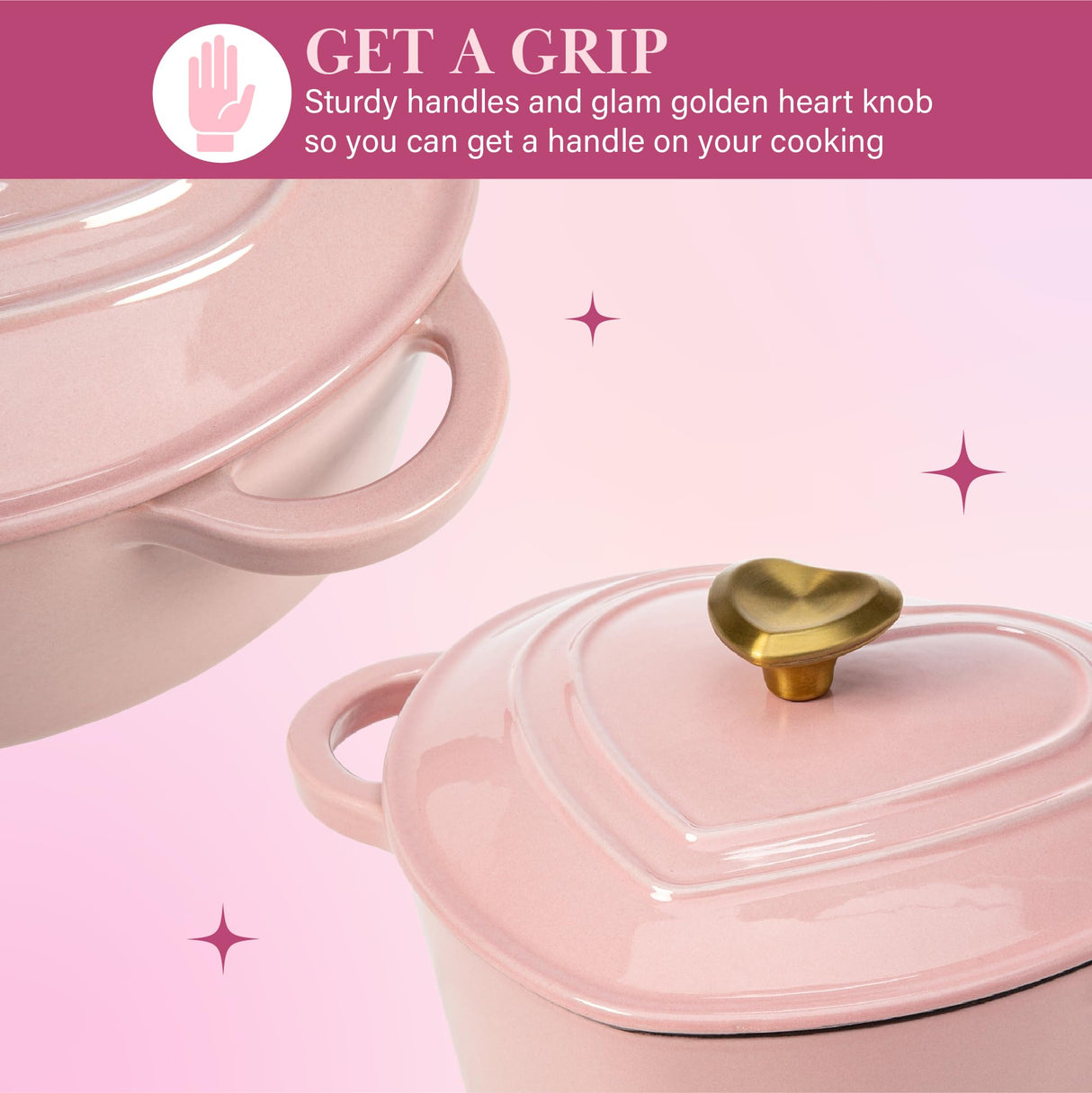 Paris Hilton Enameled Cast Iron Dutch Oven Heart-Shaped Pot with Lid, Dual Handles, Works on All Stovetops, Oven Safe to 500°F, 2-Quart, Pink Paris Hilton