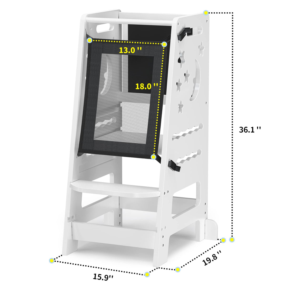 TOETOL Bamboo Toddler Kitchen Stool for Kids Step Stool - White Little Helper Tower Adjustable Height with Learning Black & White Activity Board1 TOETOL