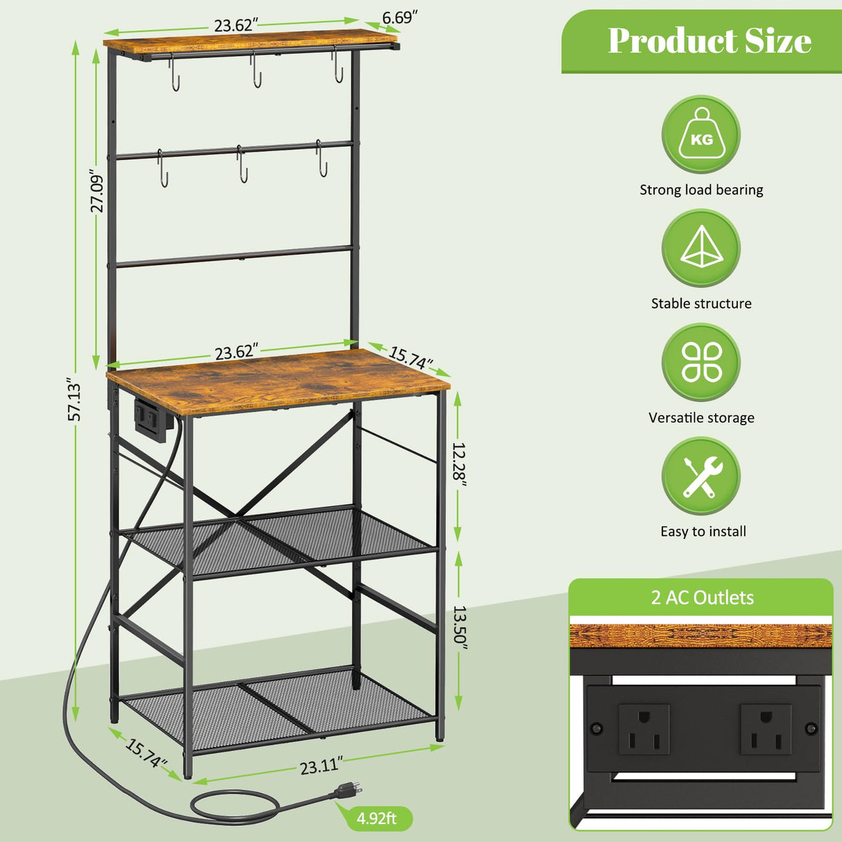 DAOUTIME Kitchen Bakers Rack with Power Outlet, 4-Tier Coffee Bar Station with 6 S Hooks, Microwave Stand for Kitchen, Living Room, Farmhouse, 23.62" W x 15.74" D x 57.13" H, Rustic Brown DAOUTIME