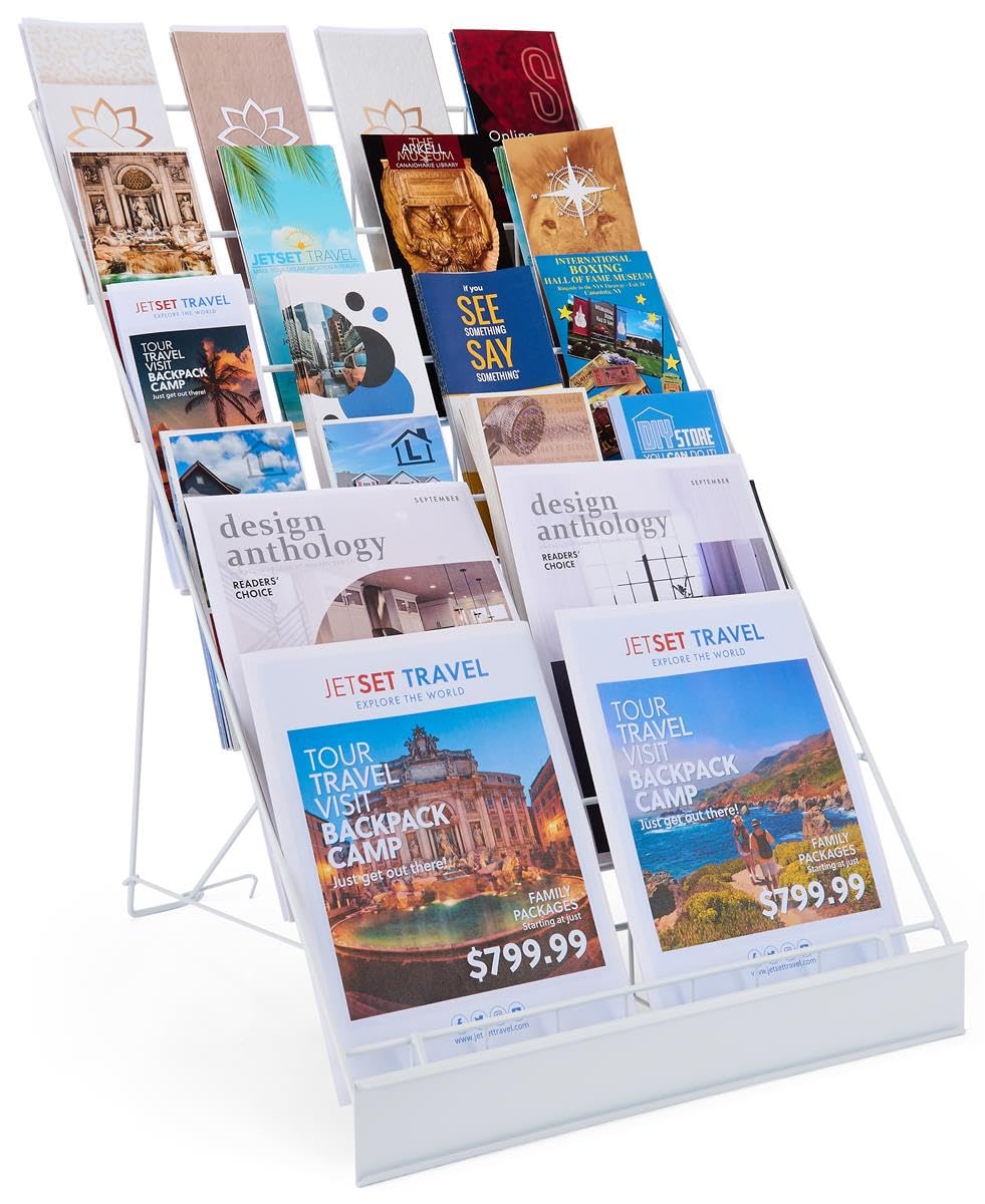 Displays2go Wire Magazine Rack with 6 Open Tiers, Holds Both Magazines and Brochures, Includes Sign Channel at the Front - White Wire Displays2go