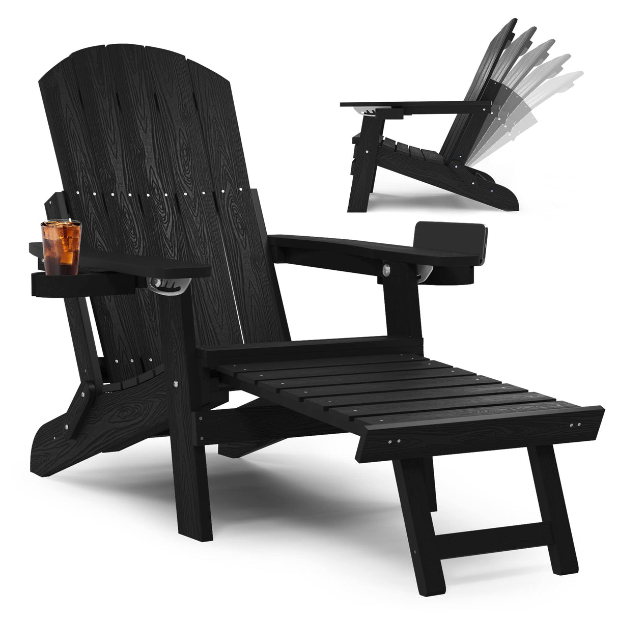 YEFU Adirondack Chair with Ottoman, Adjustable Backrest Adirondack Chairs, Folding Outdoor Fire Pit Chair with 2 Cup-Holders, Weather Resistant for Patio Lawn Outside Garden Pool, 380lbs (Black) YEFU