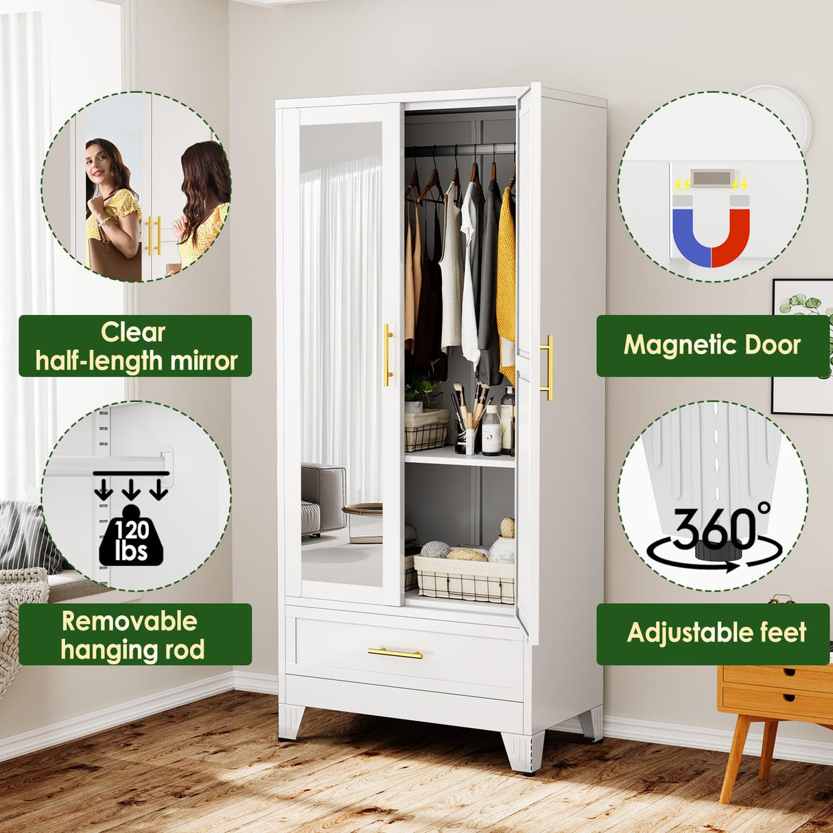 winiowa Metal Armoire Wardrobe Closet with Drawer, 71" Wardrobe Cabinet with Adjustable Shelves and Hanging Rod, Clothing Storage Cabinet Closet with Mirror for Bedroom-White winiowa