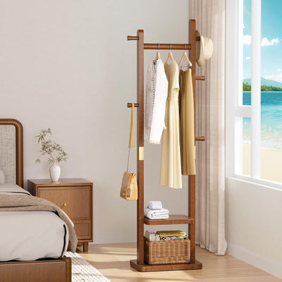 Taitiy Solid Wood Coat Rack Clothes Rack, Coat Rack Freestanding with 2 Shelves and 5 Hooks, Heavy Duty Coat Tree for Entryway, Living room, Coat Hanger Stand for Hats, Bags Clothes(Walnut Brown)