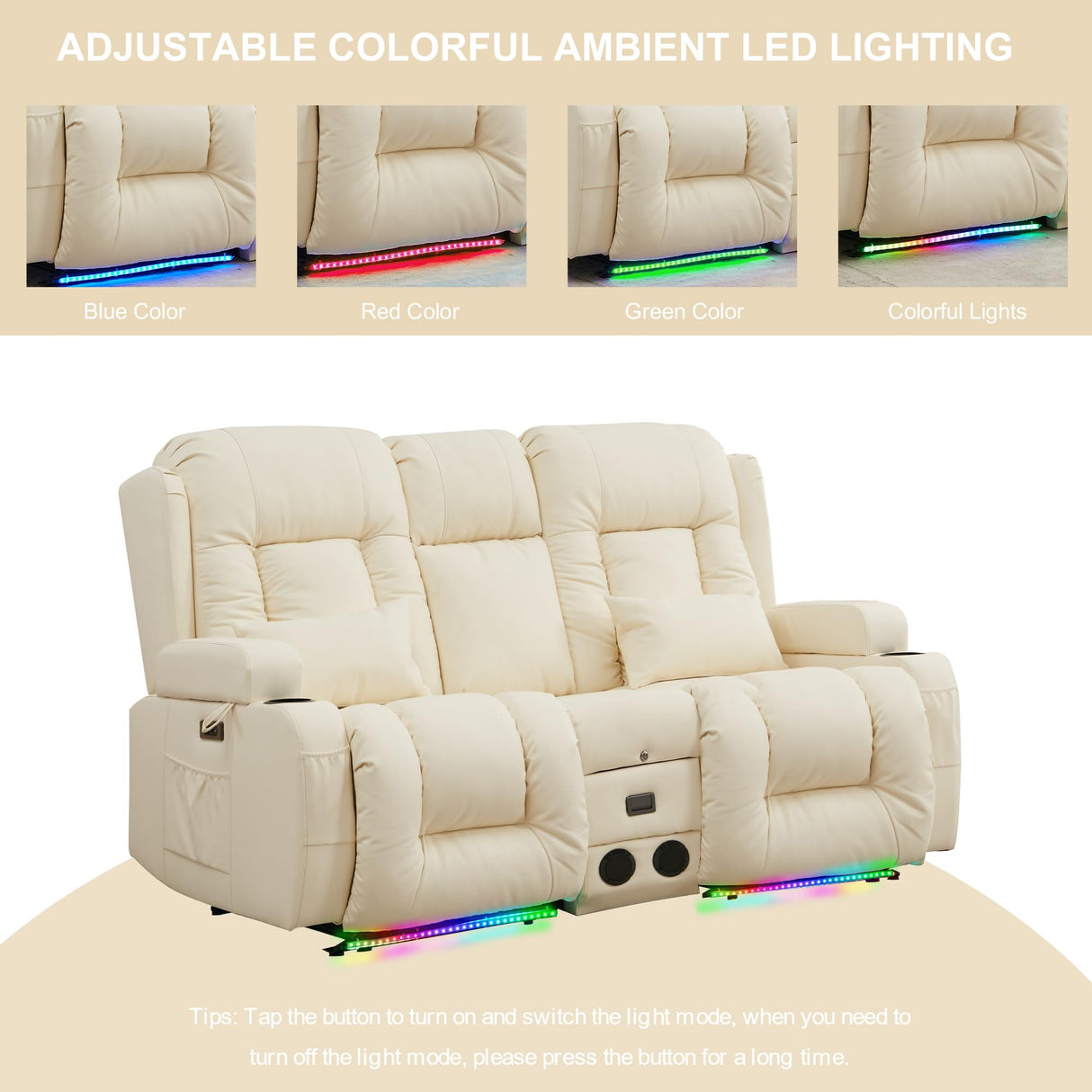 TUNYI Power Loveseat Recliner Sofa with Massage & Heat Home Theater Seating with Console Electric Recliner RV Sofa with USB/Outlet/Storage/Side Pocket/LED Light/Speaker (Cream White) TUNYI