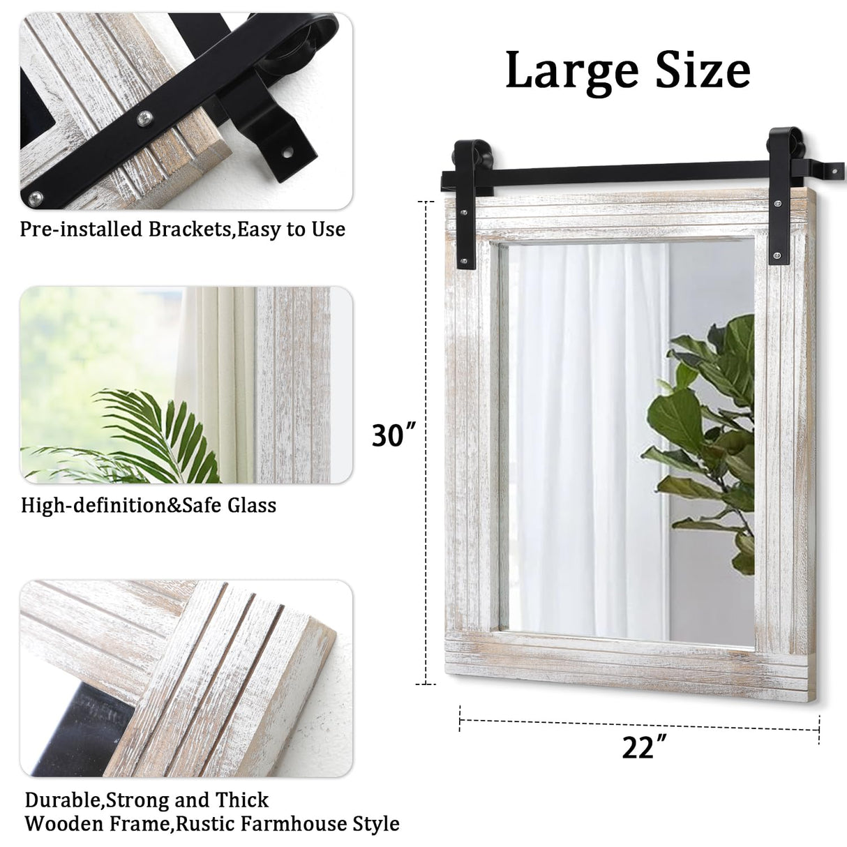 AAZZKANG Large Wall Mirror Barn Door Style Decor Rustic Wood Mirror 30"x22" Rectangle Farmhouse Bedroom Bathroom Mirror AAZZKANG