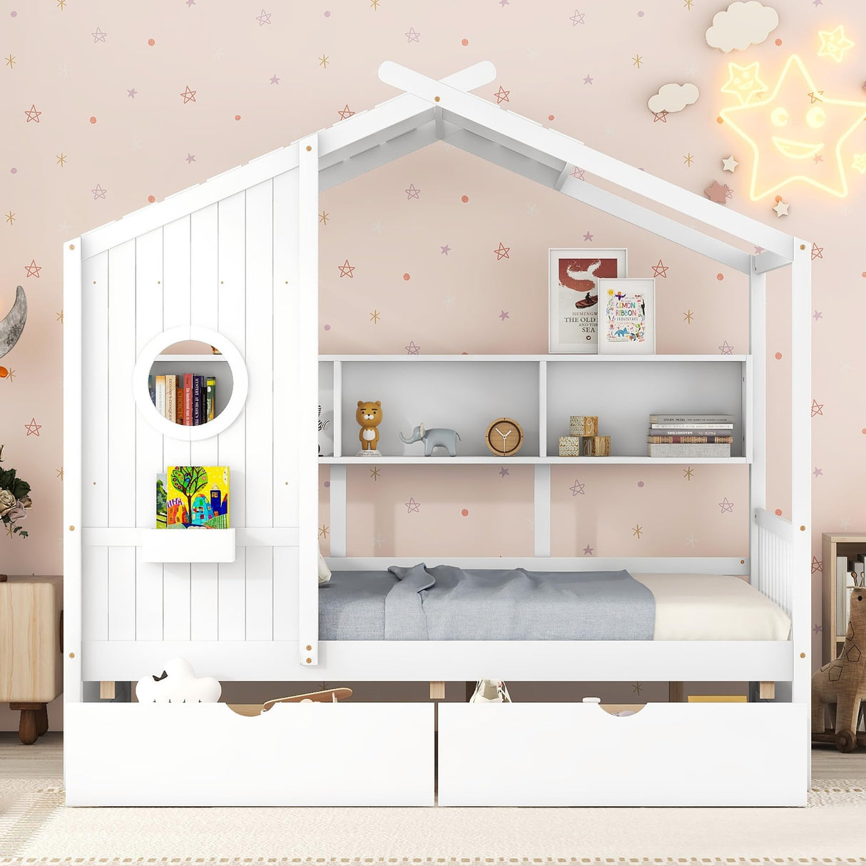 MERITLINE Montessori Full House Bed with Storage Drawers & Bookcase - Solid Wood Playhouse Bed for Kids, Teens, & Adults (White) MERITLINE