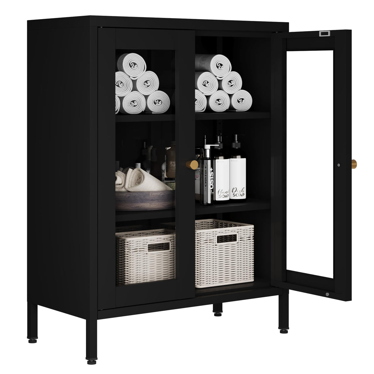 Bevivog Bathroom Floor Cabinet with Glass Doors Small Metal Storage Cabinet FreeStanding Metal Accent Cabinets with Two Door Storage Shelves, Locker Display Cabinet for Home Office Living Room Bevivog