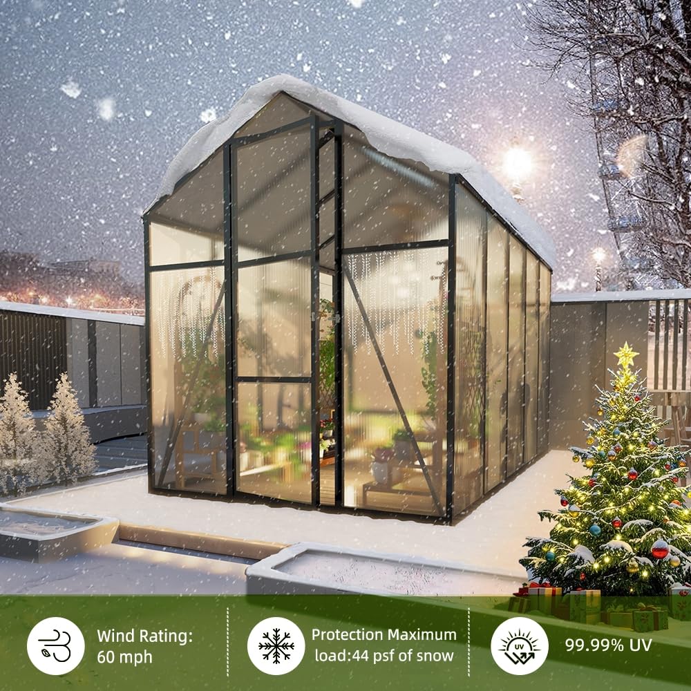 Vigo huseeo 7.2FT High 6*8.2FT Greenhouse for Outdoors,Polycarbonate Greenhouse with Stronger Wind Protection and Roof Vent,Walk-in Large Aluminum Sunroom Winter Proof,Black Vigo huseeo