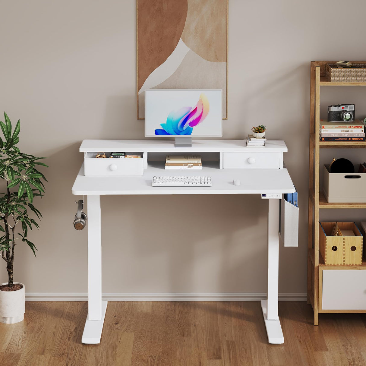 White Electric Standing Desk with Drawers - 40 Inch Small Standing Desk with Shelf Monitor Stand Storage Height Adjustable for Home Office, Study Writing Girls Computer Sit Stand Desks for Bedroom KLUVIS