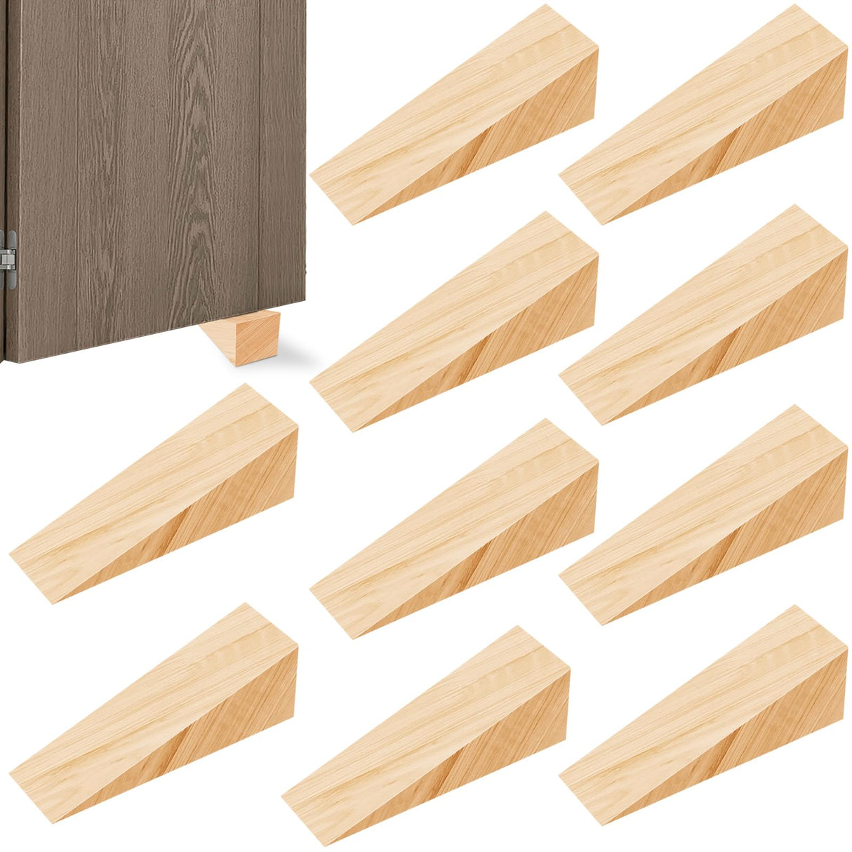 Akamino 10 Pack Wooden Door Stoppers,Non-Slip Soild Wood Door Wedges for Bottom of Door,Triangle Wood Block Security Door Stopper for Home Office Chair Caning - 4.8 x1.5x1.5 Inch Akamino
