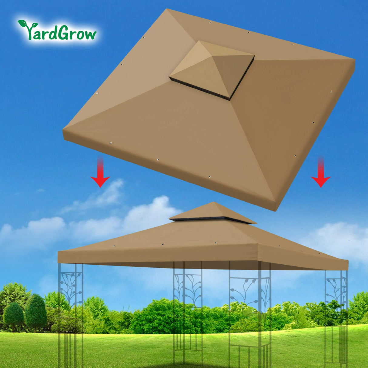 YardGrow 10x10 FT Gazebo Replacement Canopy Top Cover 2-Tiered Upgraded Patio Sunshade UV Protection, Canopy Cover ONLY (Tan) YardGrow