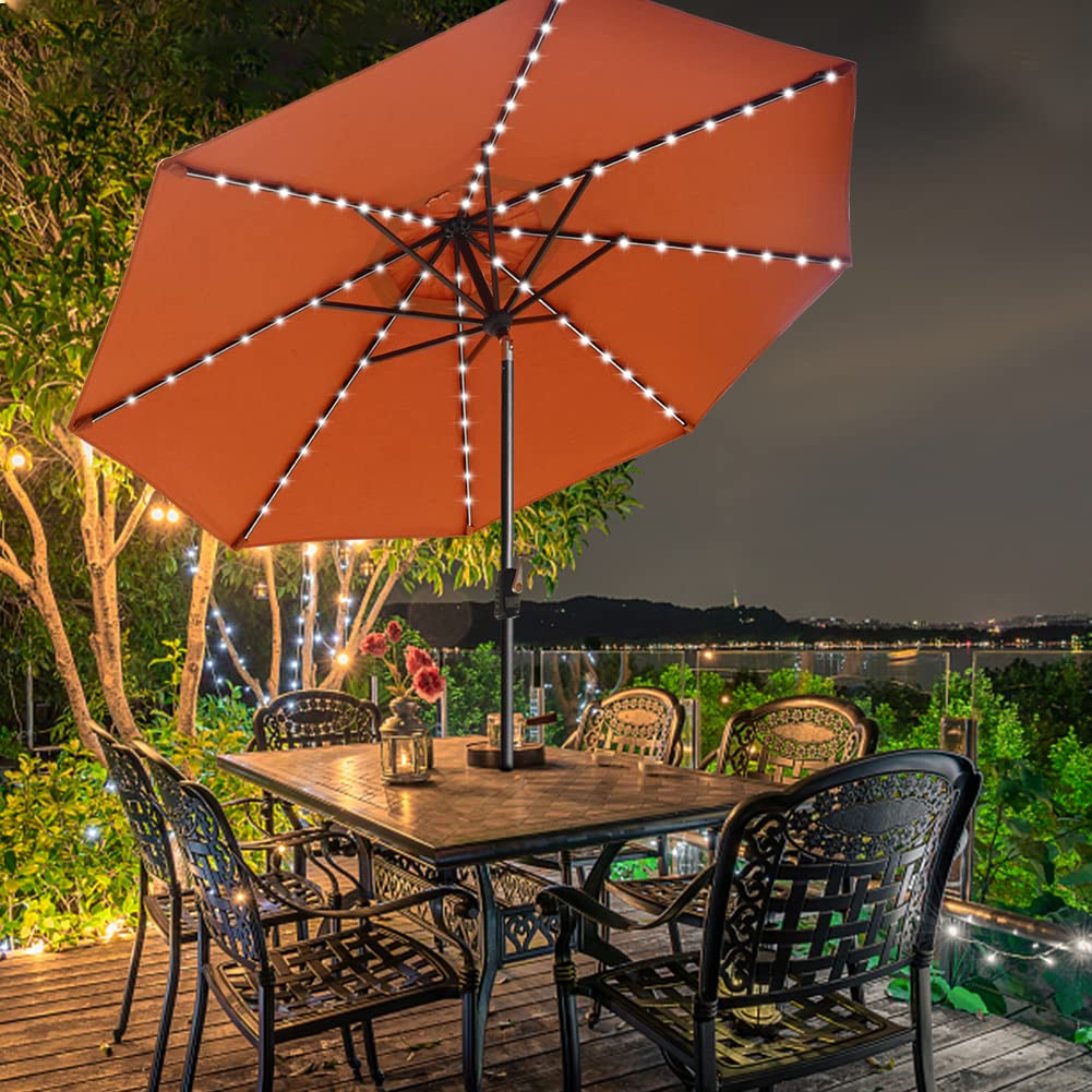 EliteShade USA 10-Year-Non-Fading Solar 9ft Market Umbrella with 80 LED Lights Patio Umbrellas Outdoor Table Umbrella with Ventilation,Rust EliteShade