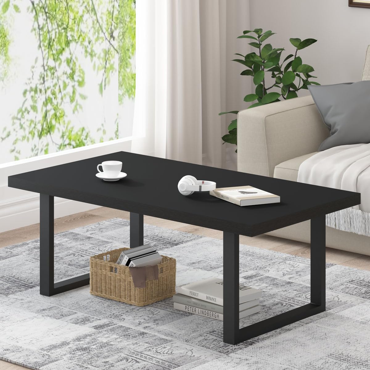 IBF Modern Black Coffee Table, Minimalist Industrial Wooden Center Table, Simple Farmhouse Rectangle Living Room Table, Wood and Metal Cocktail Coffee Table for Home Bedroom Office, Black Oak, 47 Inch IBF