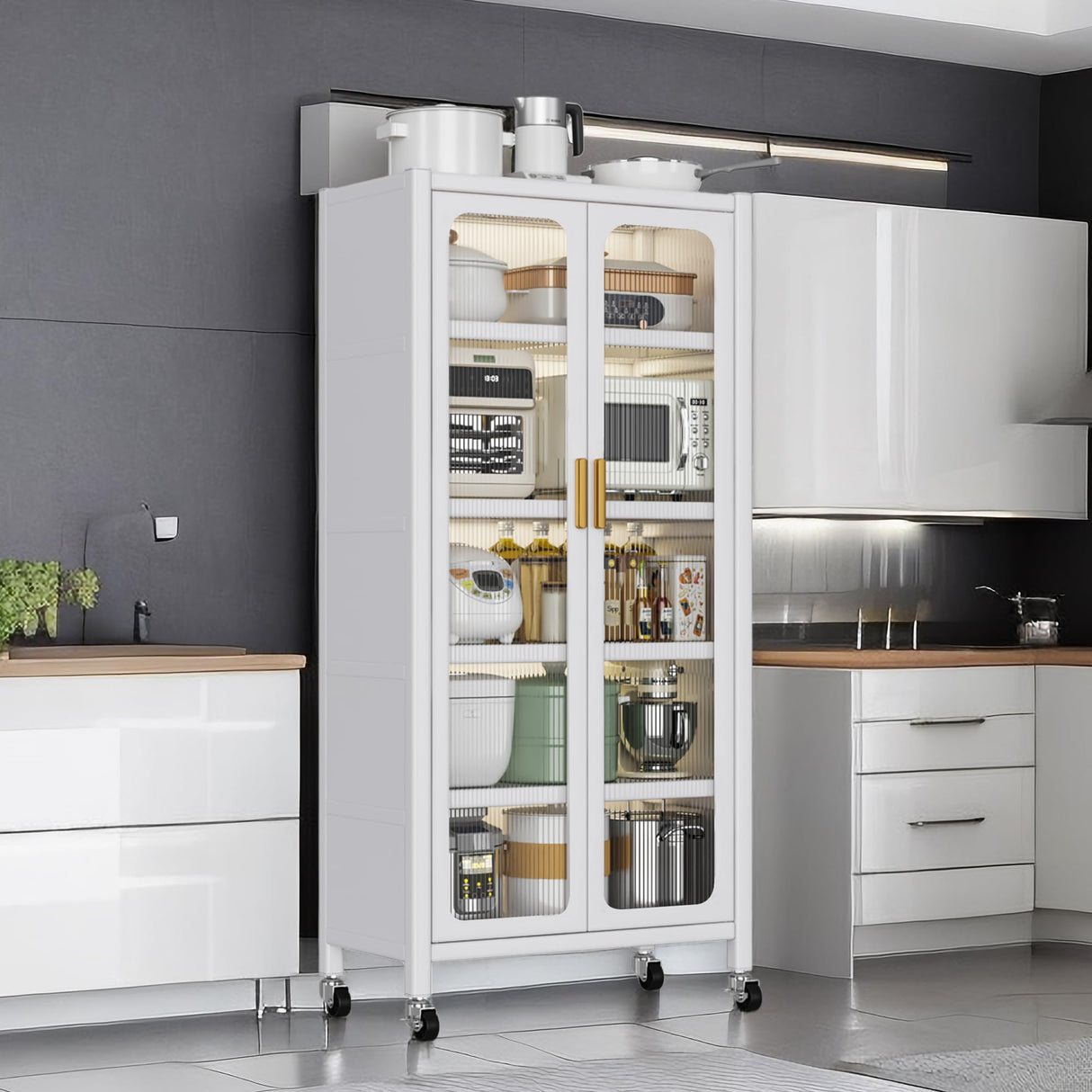 67.3" Kitchen Pantry Storage Cabinet,Display Storage Cabinet with Acrylic Glass Doors, Adjustable Shelves & Wheels,Metal Tall Food Pantries Cabinets,for Kitchen, Living Room and Dining Room, White Legendstone