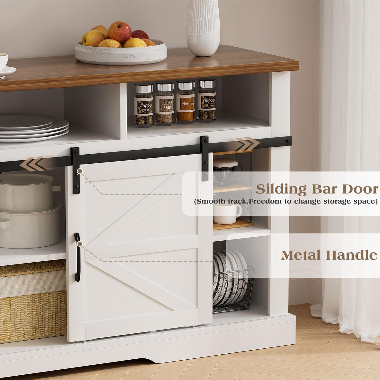 SYESWAY Farmhouse Coffee Bar, 58”Coffee Bar Cabinet with Sliding Barn Door and Adjustable Shelf, Kitchen Buffet Cabinet with Storage for Kitchen, Dining Room, Living Room, White SYESWAY