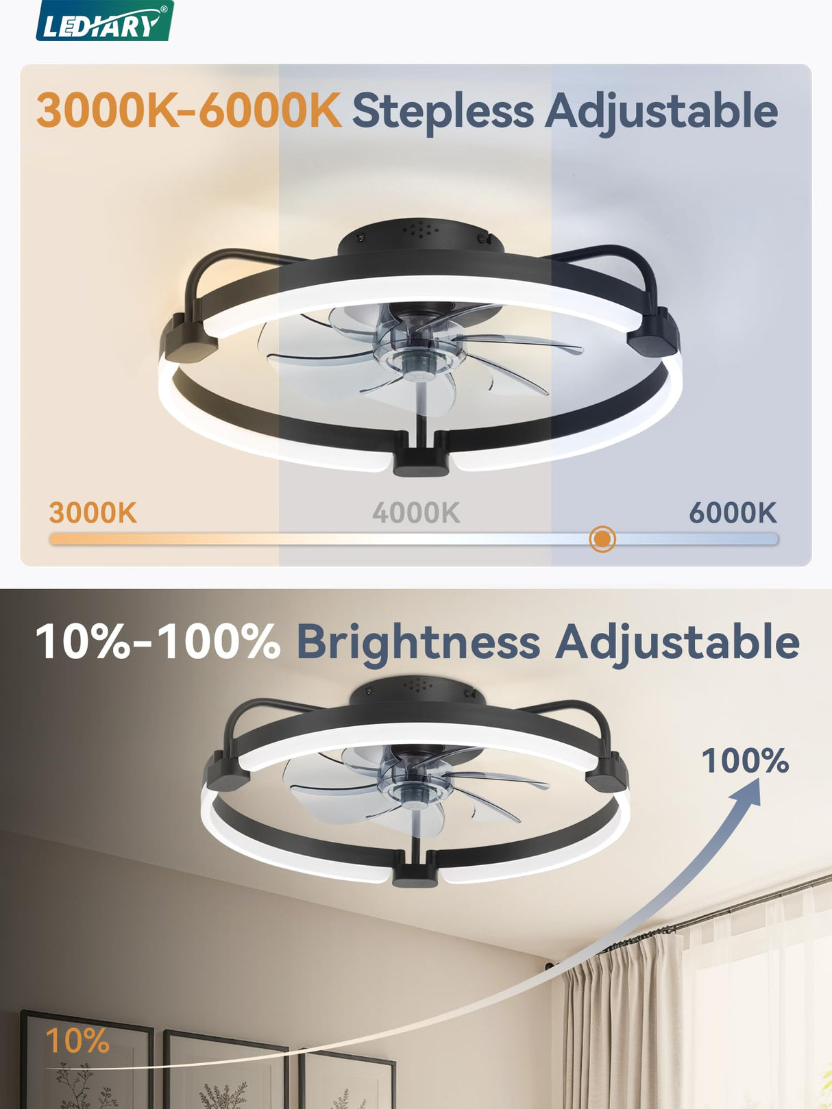 LEDIARY Ceiling Fans with Lights and Remote, 20'' Low Profile Ceiling Fan with Light, 3000-6000K Dimmable Fandelier LED Fan Light, 6 Wind Speeds, Black Modern Flush Mount Ceiling Fan for Bedroom LEDIARY