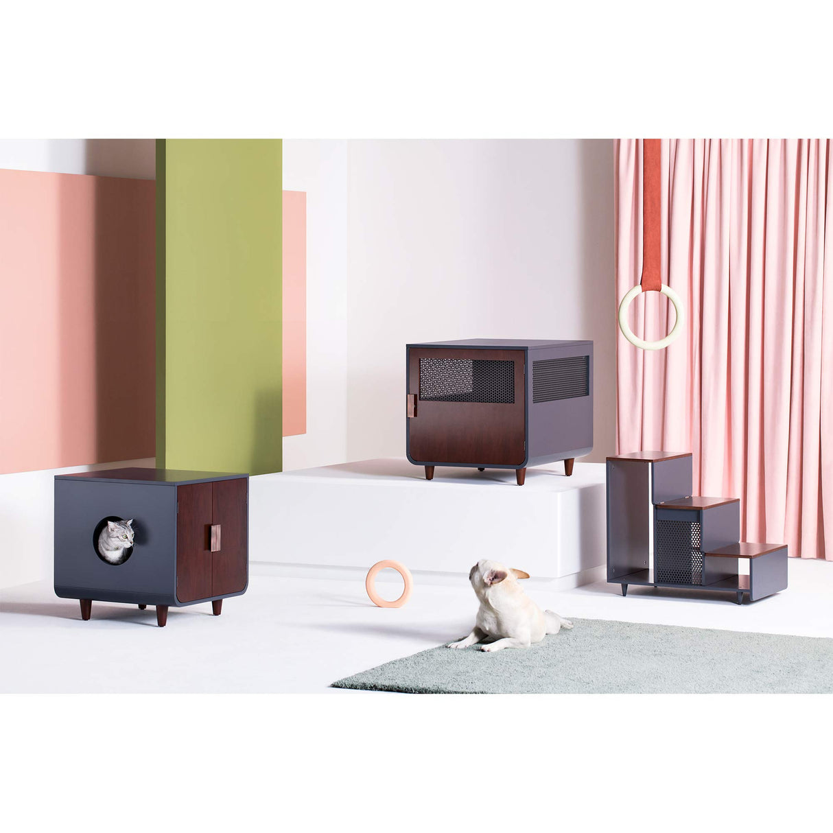 Teamson Pets Dyad Hidden Litter Box Enclosure & Mid-Century Side Table Combination with Side Entrance & Double Doors, Mocha Walnut Staart