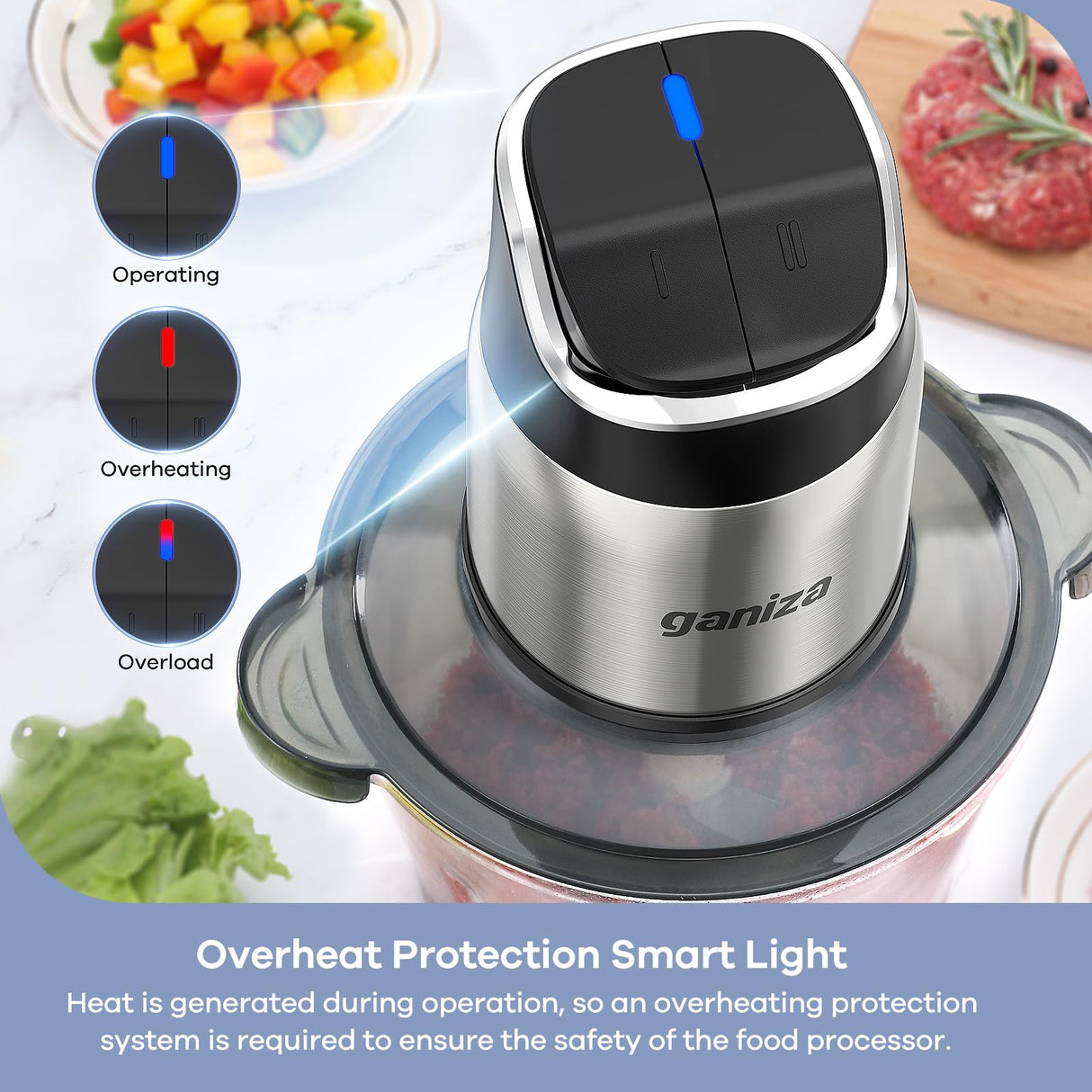 Ganiza Food Processor, 2-Speed Food Chopper Meat Grinder with 8 Cup Stainless Steel & 8 Cup Glass Bowls, Upgraded Button & Smart Overheat Protection Light - Includes Clean Brush, 2 Sets of Blades Ganiza