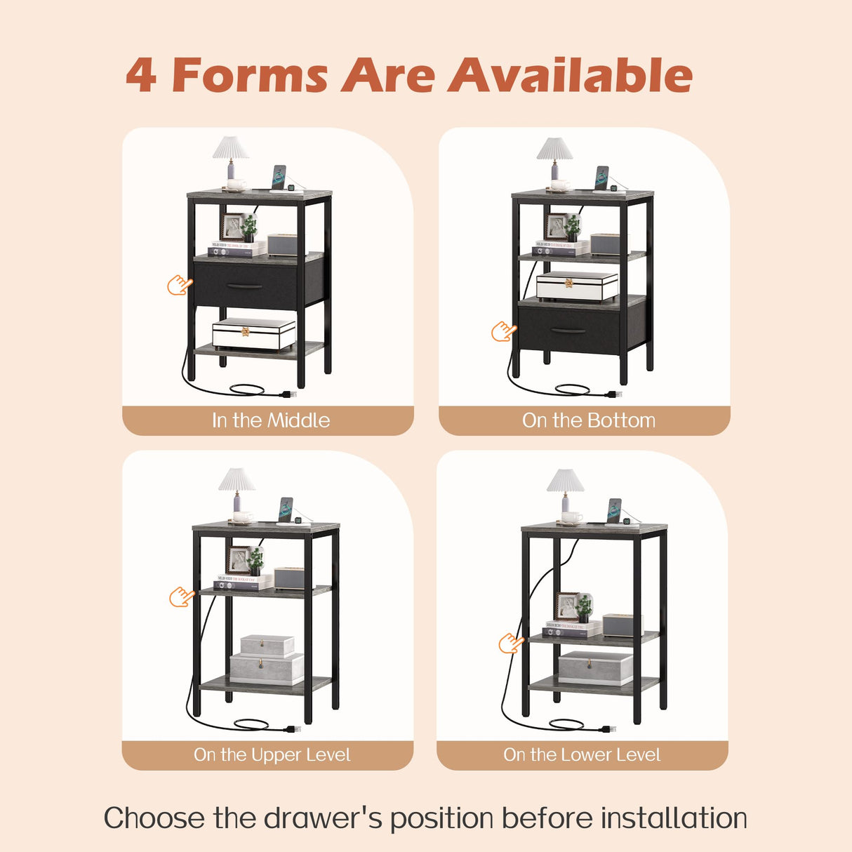 SUPERJARE Nightstand Set of 2, Bed Side Tables with Charging Station, Adjustable Fabric Drawer, Night Stand for Bedroom, 3-Tier Storage End Tables, for Living Room - Charcoal Gray SUPERJARE