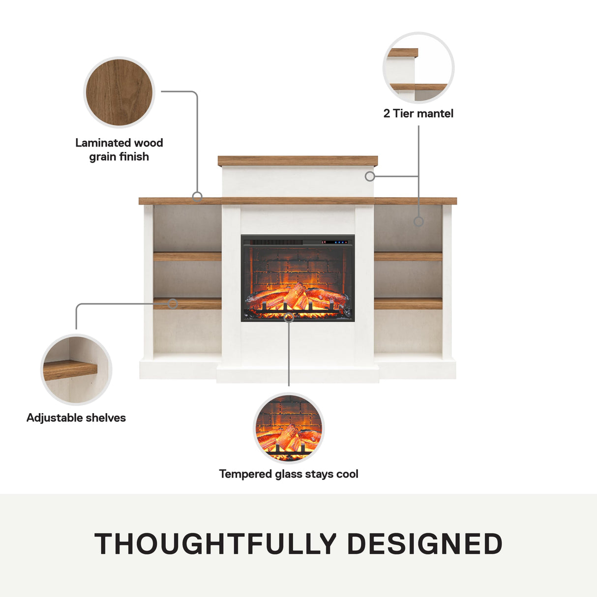 Ameriwood Home Gateswood 64 Inch Electric Fireplace with Mantel, Replaceable Fireplace Insert Heater, Shelves, Remote Control, Timer, Realistic Log and Flame Effect, Plaster Ameriwood Home