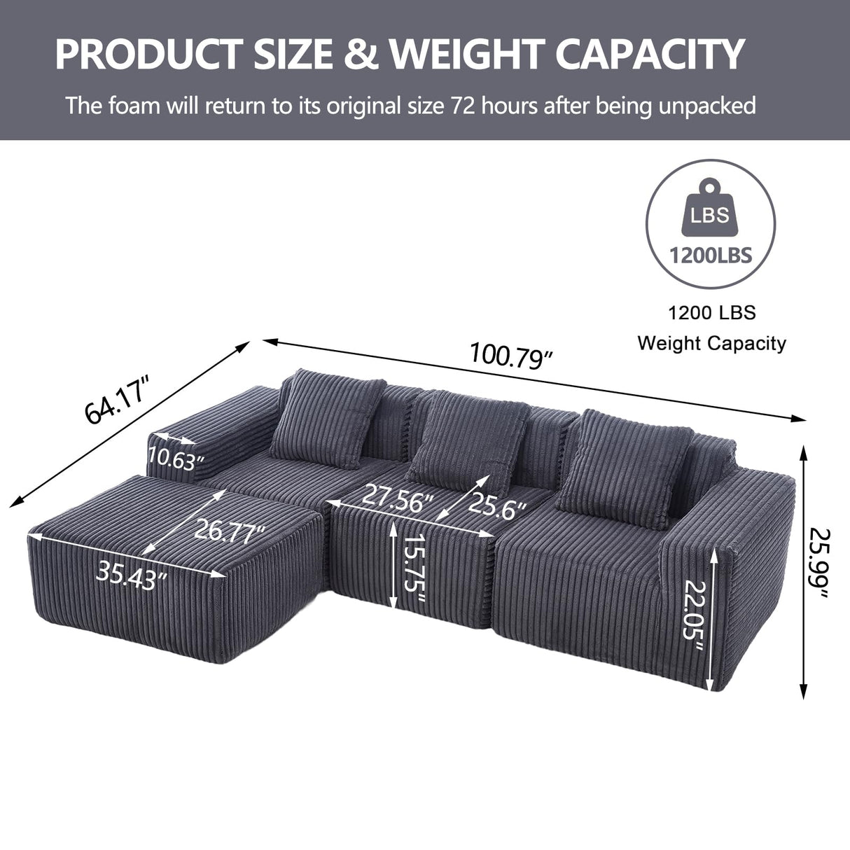 101'' Modular Sectional Sofa, Corduroy Cloud Couch with Ottomans, 3-Seater Convertible L-Shape Sofa with 3 Pillows, Sponge Compression Sofas for Living Room, No Assembly Required, Dark Gray Cesgyfut