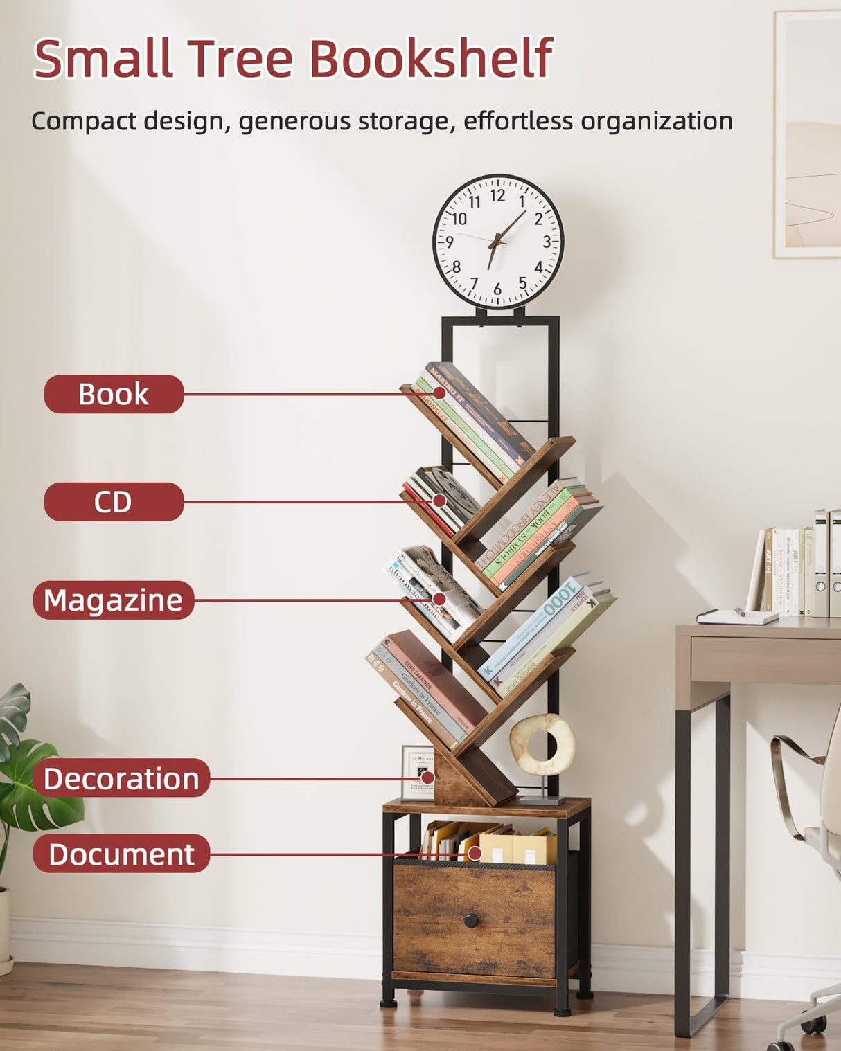 HIGDBFE 6 Tier Tree Bookshelf with Clock and Fabric Drawer, Small Narrow Bookcase, Tall Floor Standing Book Shelf for Bedroom, Living Room, Home Office, Rustic Brown HIGDBFE