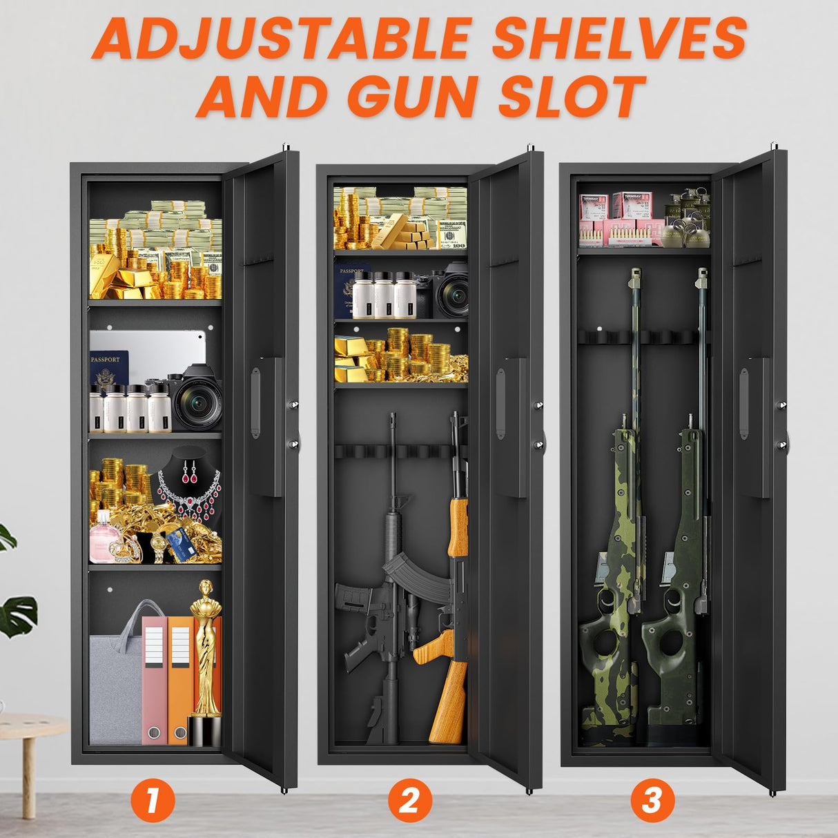 53.15" Wall Safe Between the Studs, In Wall Gun Safe, Digital Hidden Gun Cabinet with Gun Rack & Adjustable Shelves, Gun Safes & Cabinets with Dual Alarm System & Mute Mode(Black-Digital) Luzfuego