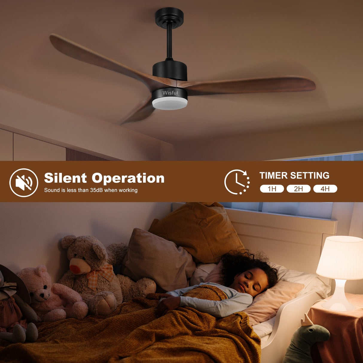 Wisful 56" Ceiling Fans with Lights Remote Control,Outdoor Wood Ceiling Fan with Light Memory for Patio Gazebo Living Room Bedroom(Walnut and Black) Wisful