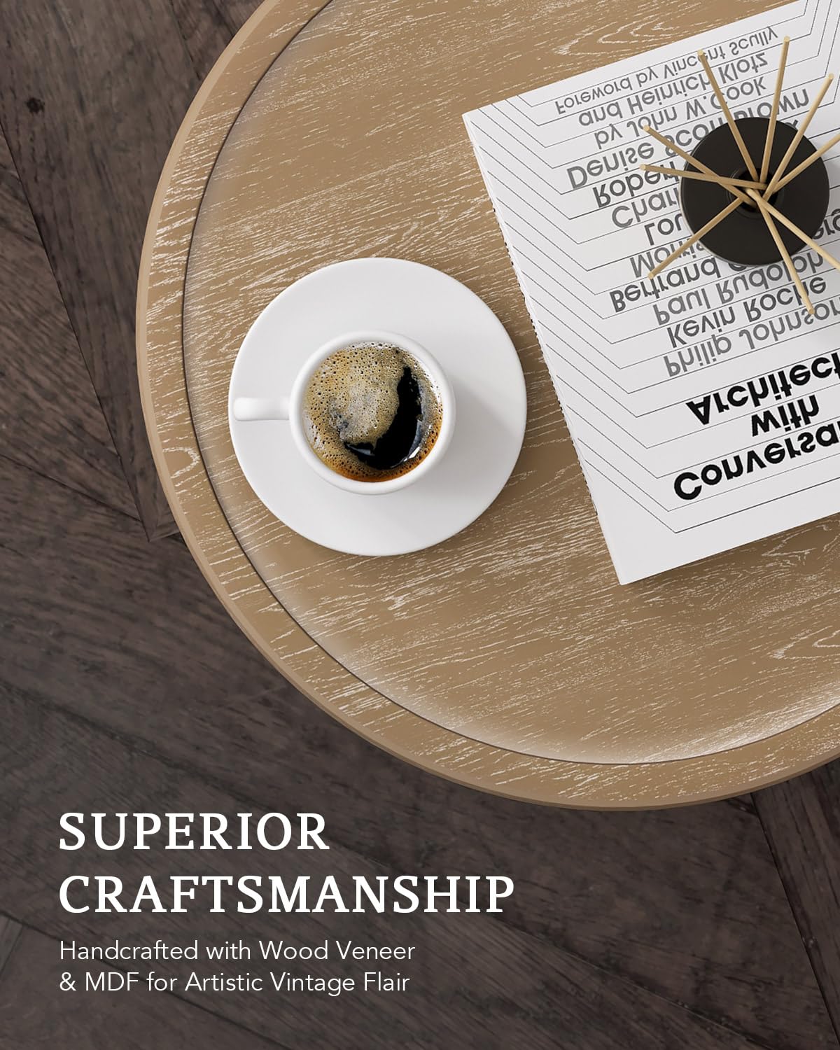 VONLUCE Farmhouse End Table,17.7'' Round French Country Side Table,Distressed Wood Tray Top Rustic Accent Table with Lipped Edge for Living Room Dining Room Bedroom,Small Space,Beige VONLUCE