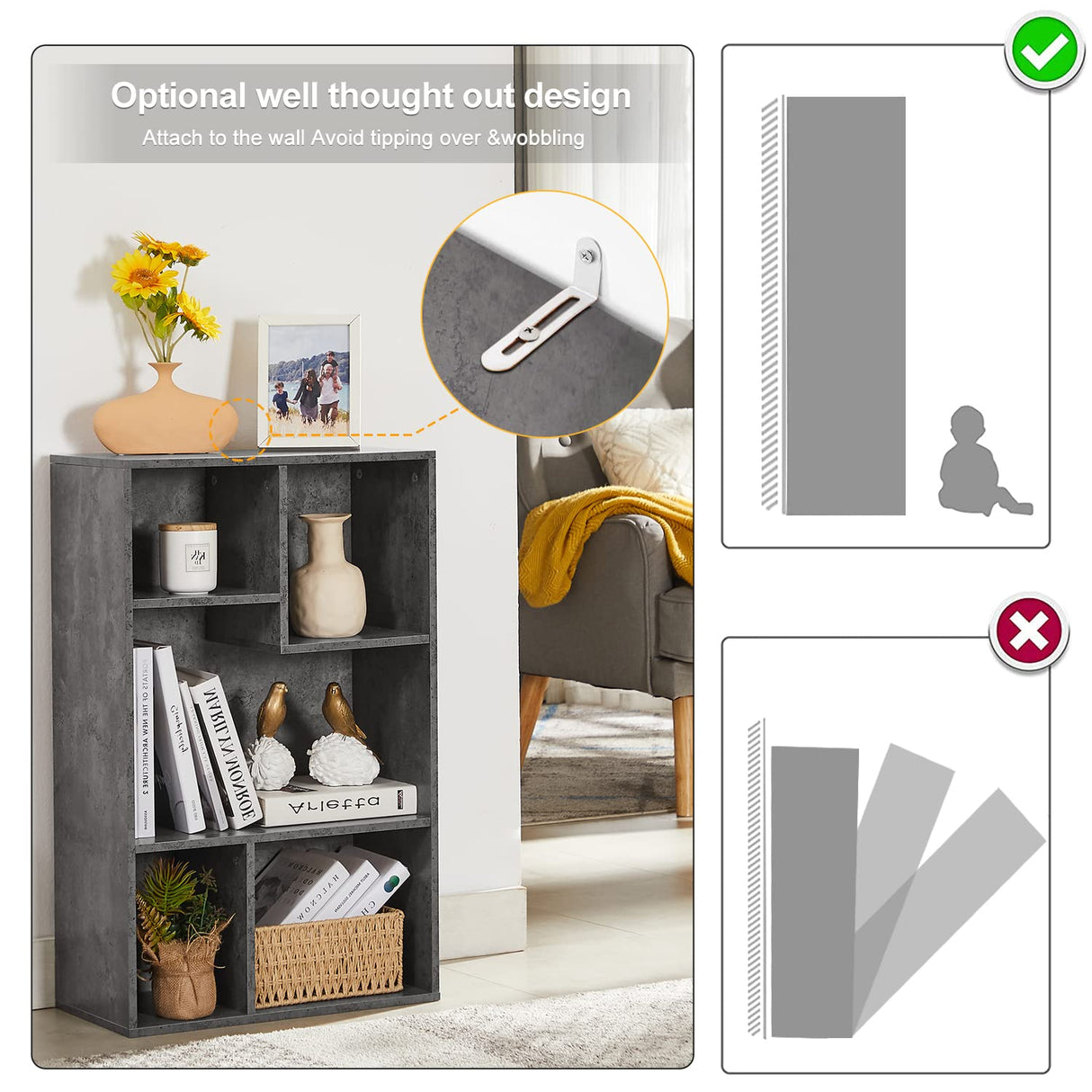 VECELO 5 Cube Modern Bookcases, 3 Tier Bookshelves, 31 Inch High Cubby Storage Organizer, Shelf Hight Up to 12.8 Inches Suit for Most Books, Vertical or Horizontal Use Available,Grey VECELO