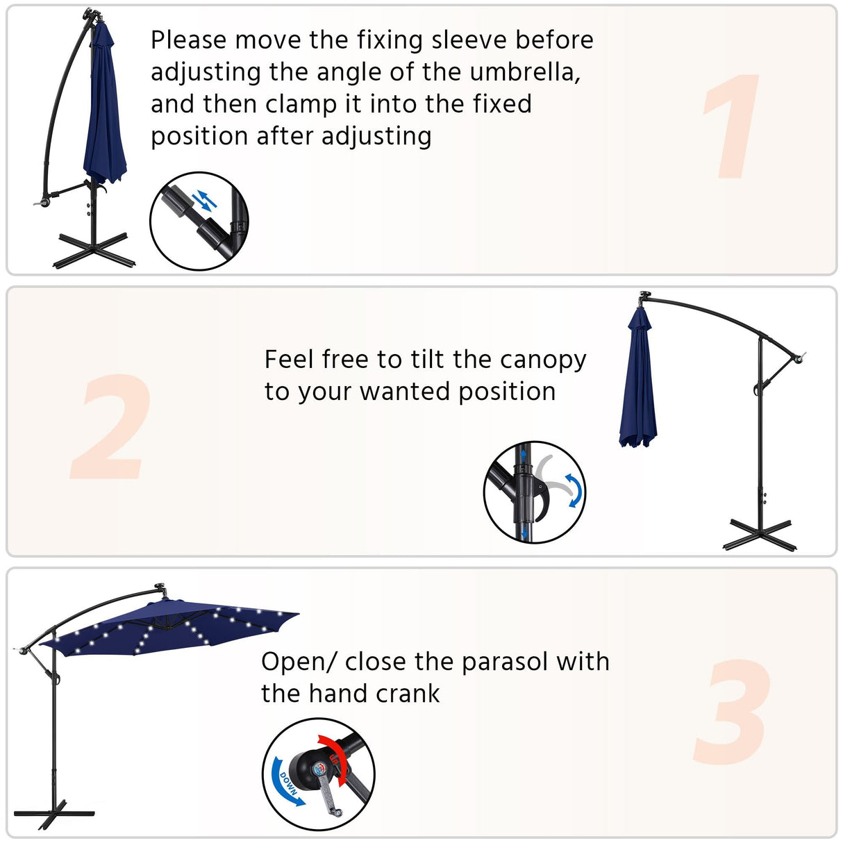 Yaheetech 10FT Solar Offset Umbrella with 32 LED Lights Cantilever Hanging Outdoor Umbrellas Handy Crank & Cross Base for Lawn/Deck/Backyard/Pool Navy Blue Yaheetech