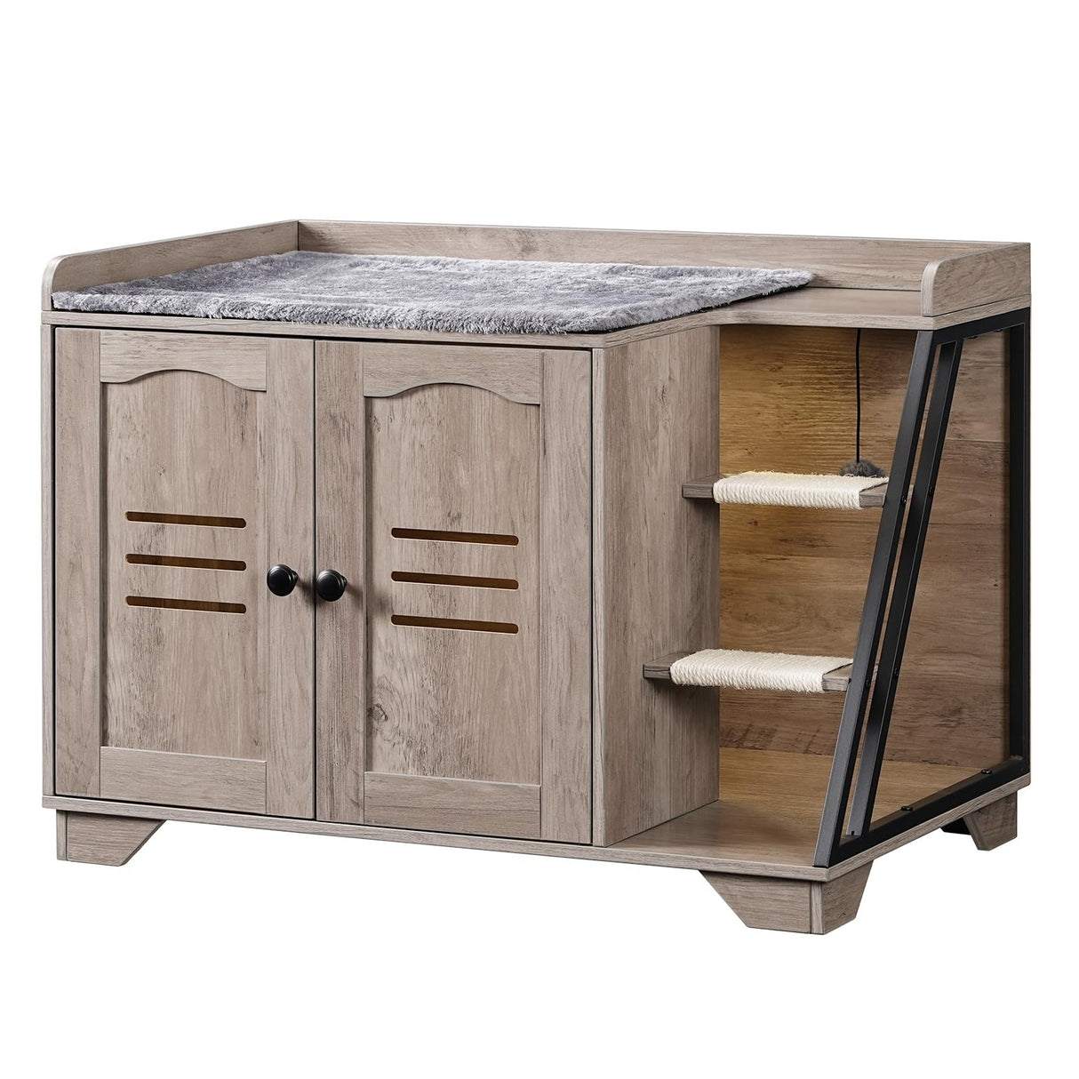 HOOBRO Cat Litter Box Enclosure with Ladder, Hidden Litter Box Furniture with Rechargeable 3-Color LED, Plush, Teaser Balls, 31.5" L x 18.9" W x 22.4" H, All-in-One, Black and Greige BG48MW01G1 HOOBRO