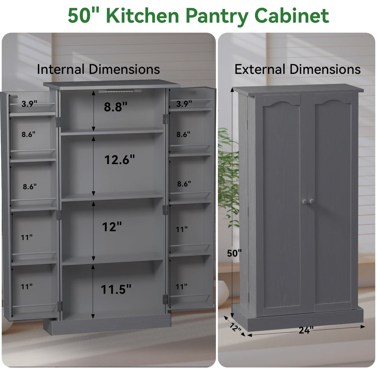 FJTJBSI 50" LED Kitchen Pantry Cabinet Grey Storage Cabinet Food Pantry with Doors and Adjustable Shelves Freestanding Buffet Cupboards Sideboard for Kitchen Living Room and Dinning Room FJTJBSI