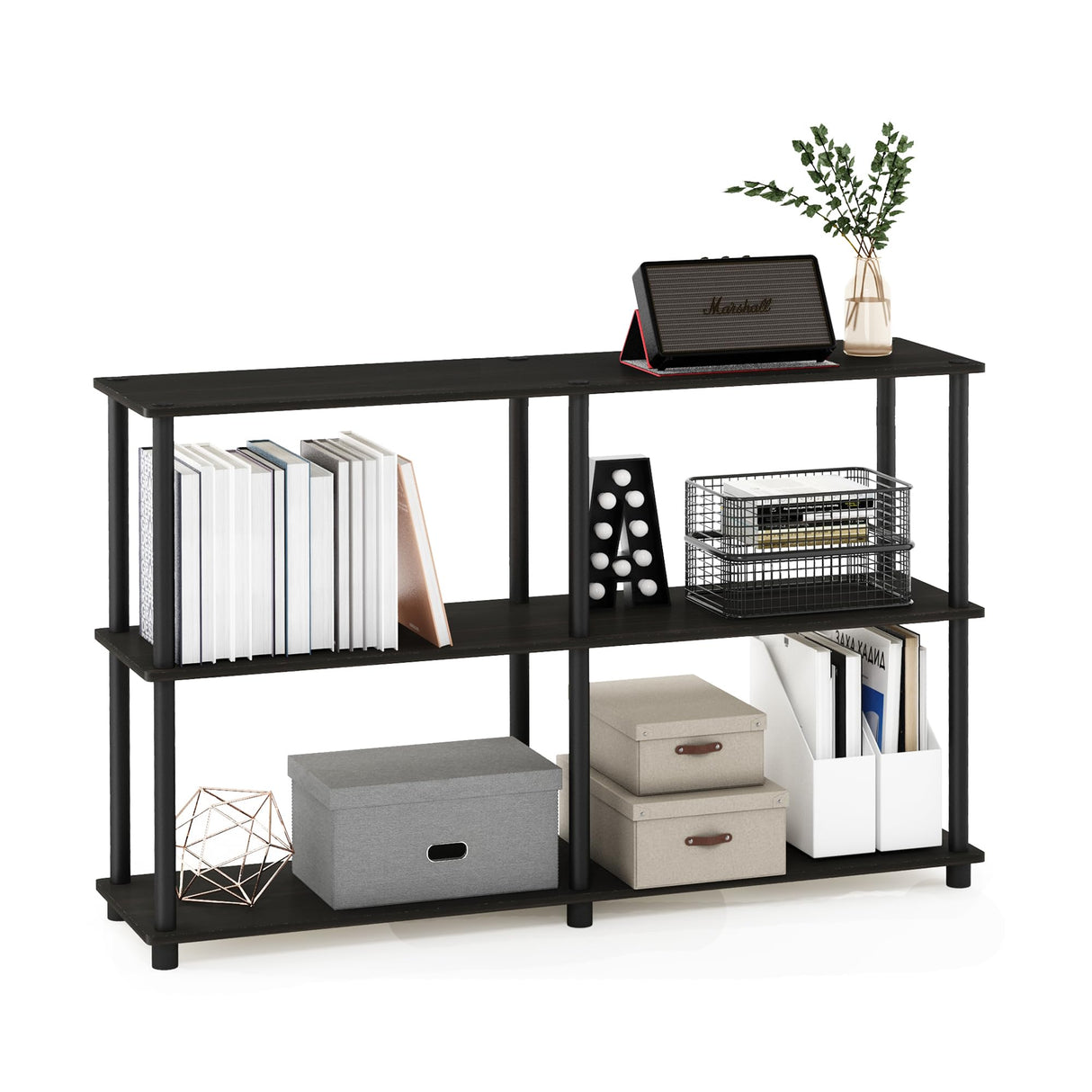 Furinno TURN-N-TUBE Storage Shelves, 3-Tier 47.4 Wide Book Shelf, Corner Shelf, Toolless Open Shelves, for Organization and Storage, Living Room, Garage, Home Office, Espresso Furinno