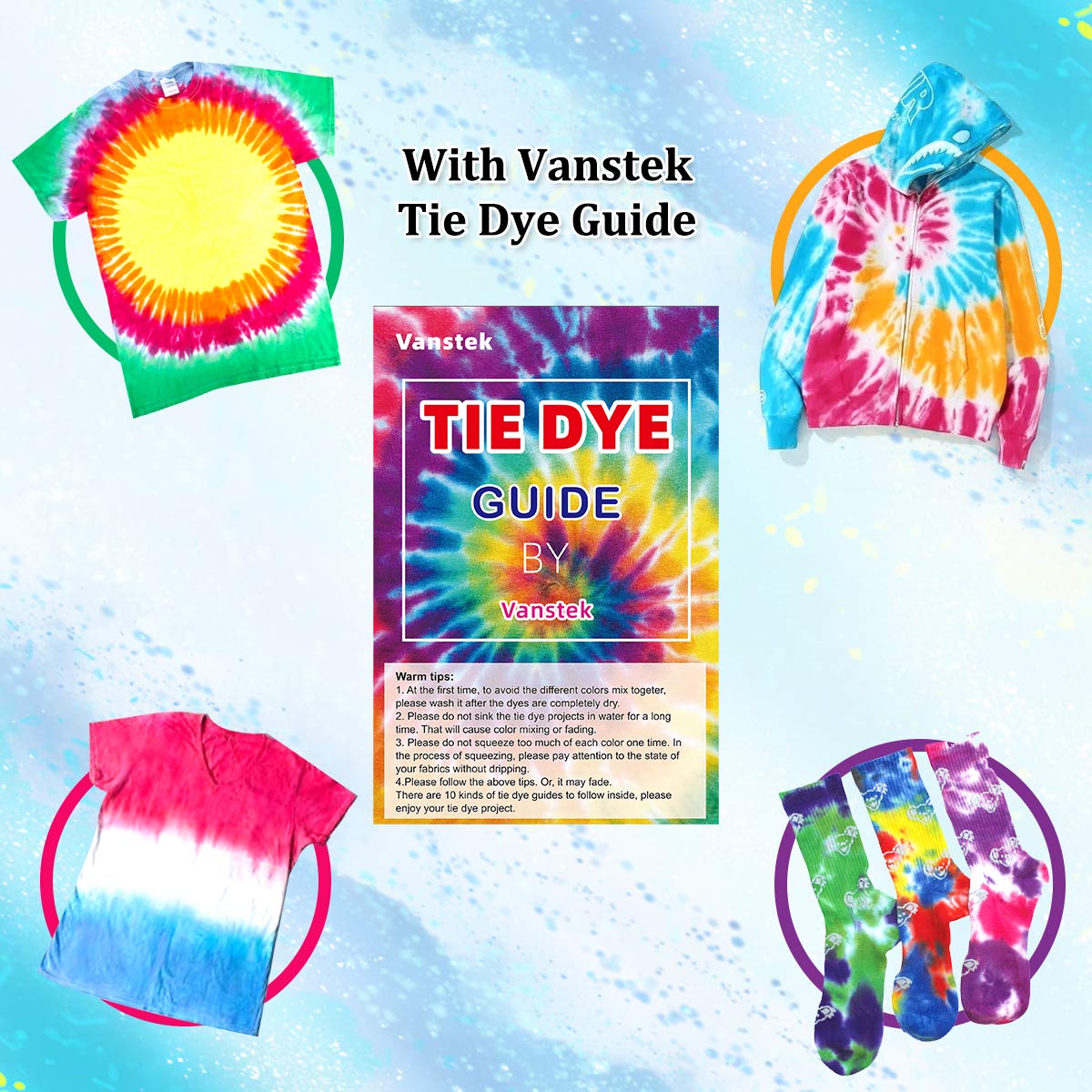 Vanstek Tie Dye Kit, 24 Colors Tie Dye Shirt DIY Fabric Dye for Women, Kids, Men, with Rubber Bands, Gloves, Plastic Film and Table Covers for Family Friends Group Party Supplies Vanstek