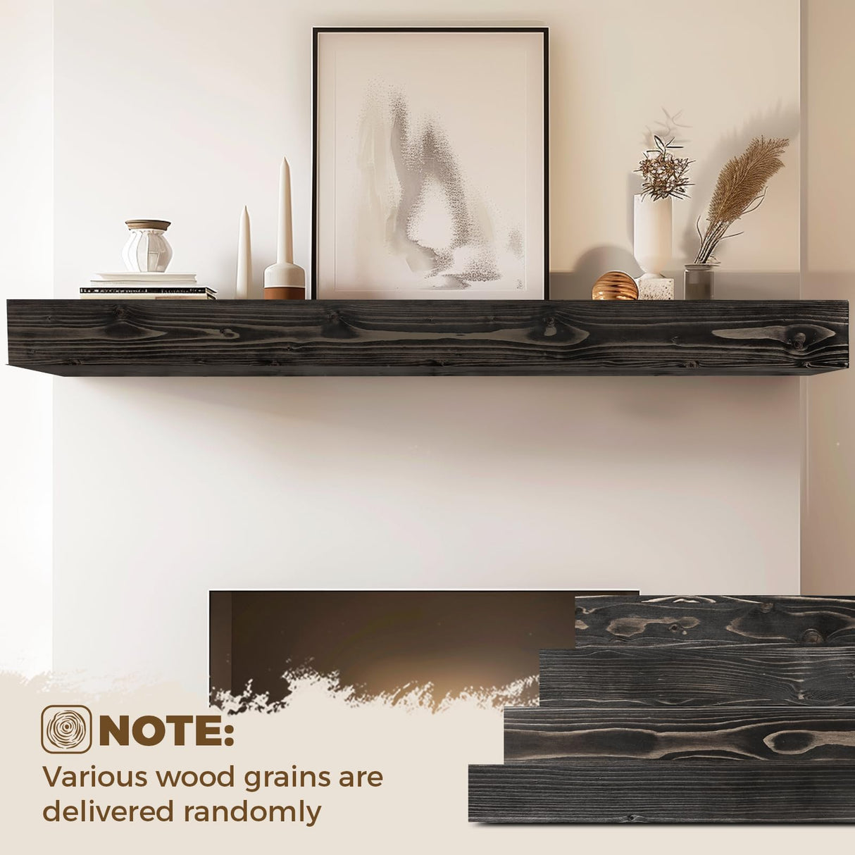 ABSWHLM 72x8x5 Fireplace Mantel - Handcrafted Hollow Rustic Solid Wood Wall Mounted Floating Shelf with Invisible Heavy Duty Wood Bracket (Weathered Black) ABSWHLM