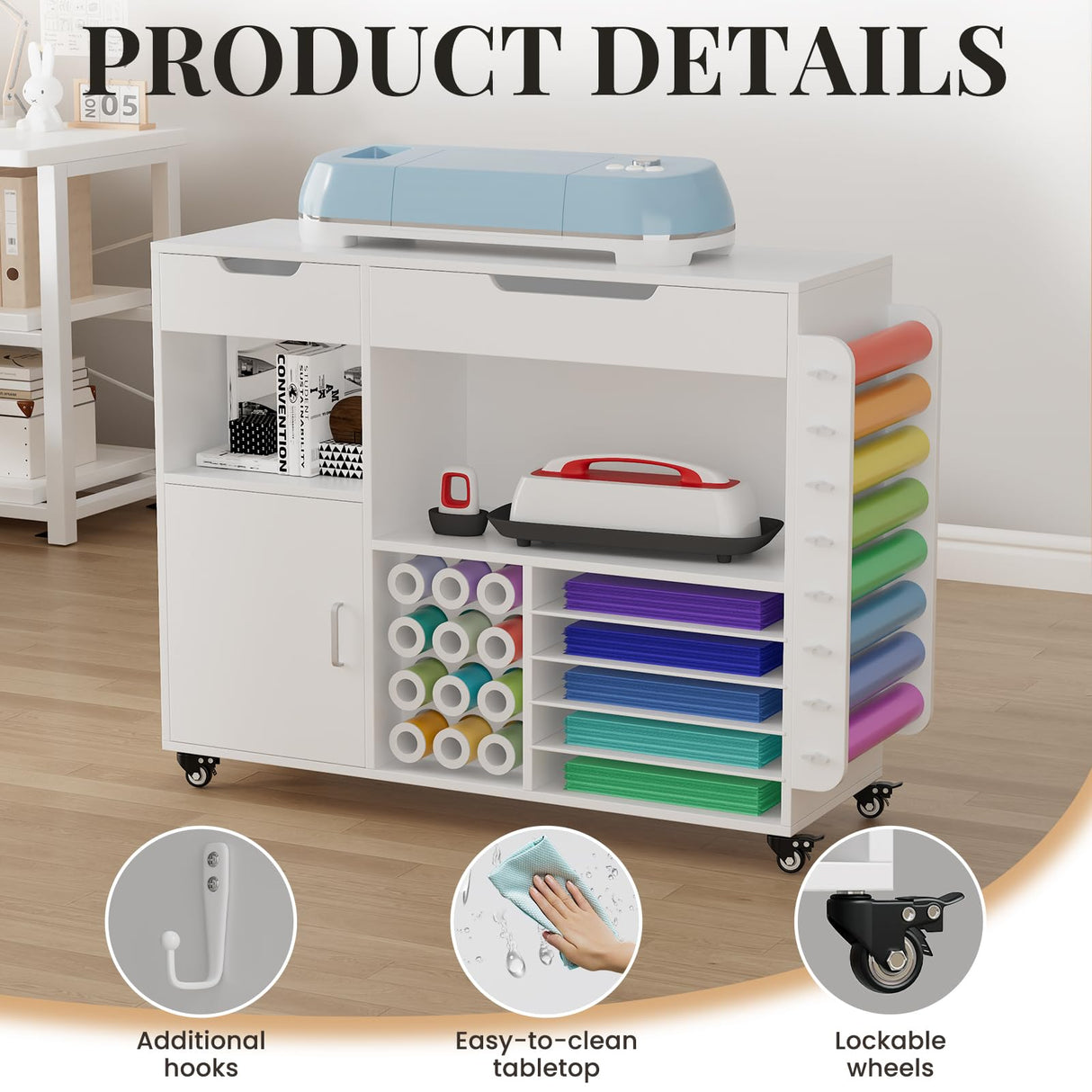 Craft organization and storage Cart Compatible with Cricut Machine, Rolling Craft Organizer With lDual Drawers & Cabinet Door, Vinyl Roll Holder, and Spacious Compartments (Extra Large) CXQ