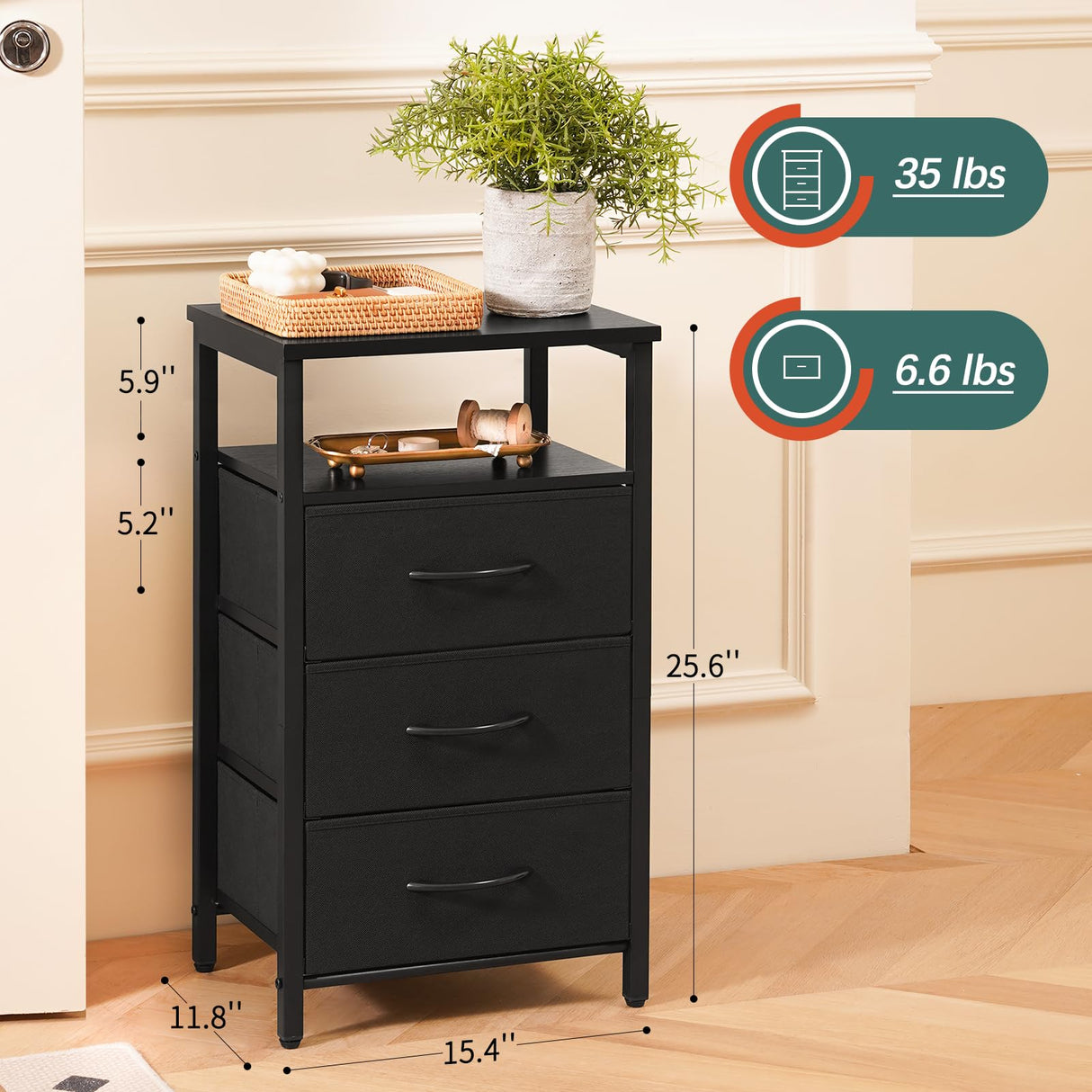 Yoobure Night Stand with Charging Station, 16 Colors LED Nightstand with USB Ports and Outlets, End Table with 3 Fabric Drawers and Storage Shelf, Bedside Tables Small Dresser for Small Space Black Yoobure