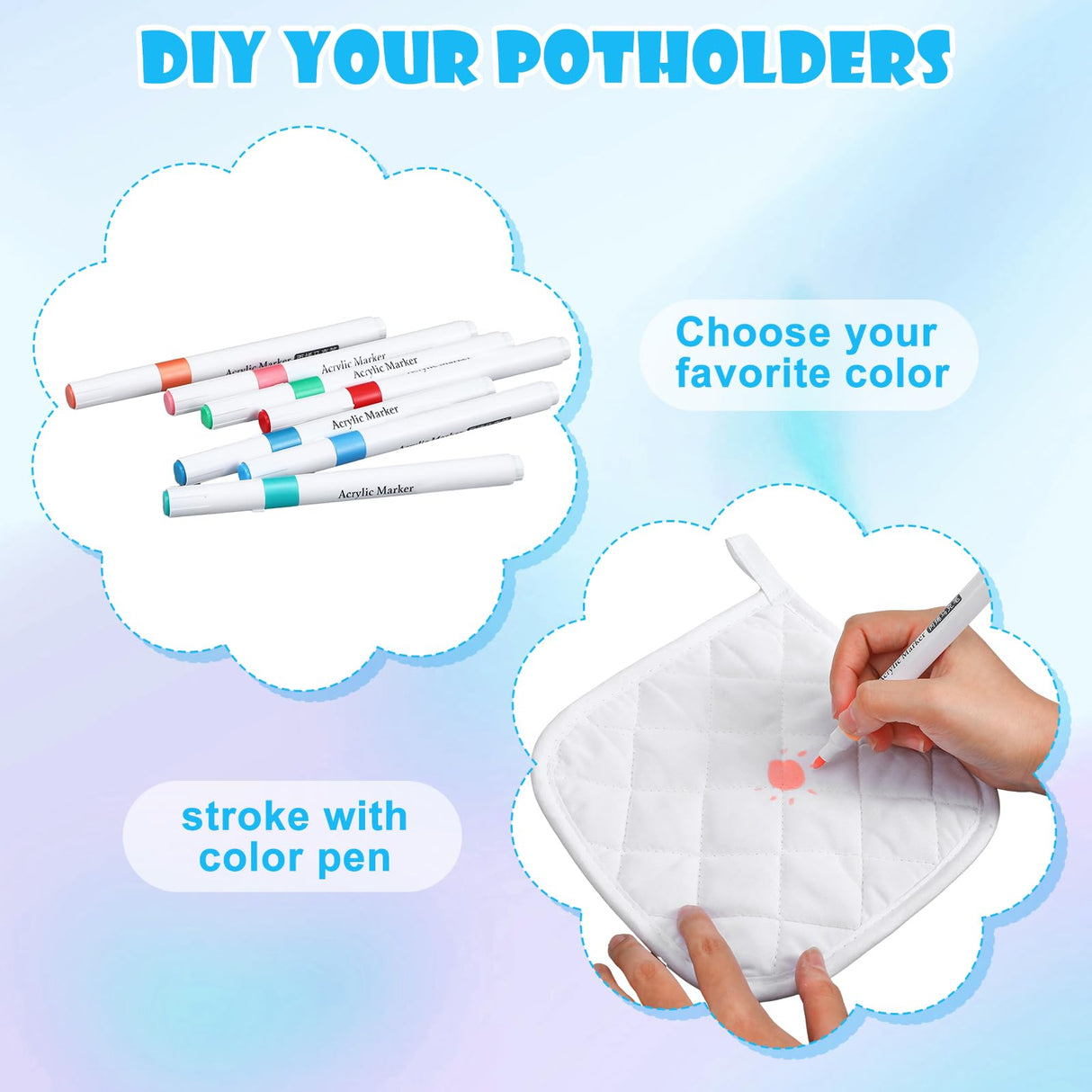 Newtay 36 Pcs Christmas Pot Holders Craft Project Set Including 12 White Pot Holders and Oven Mitts with 24 Makers for Kitchen Heat Resistant Cooking and Baking DIY Activities Newtay