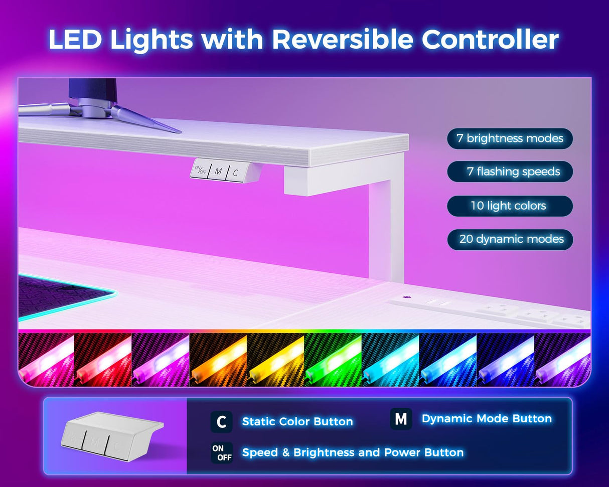 MOTPK White L Shaped Gaming Desk with Power Outlet, Reversible Computer Desk with Height Adjustable Monitor Stand, Coner Desk 43inch with LED Lights, Home Office Desk MOTPK