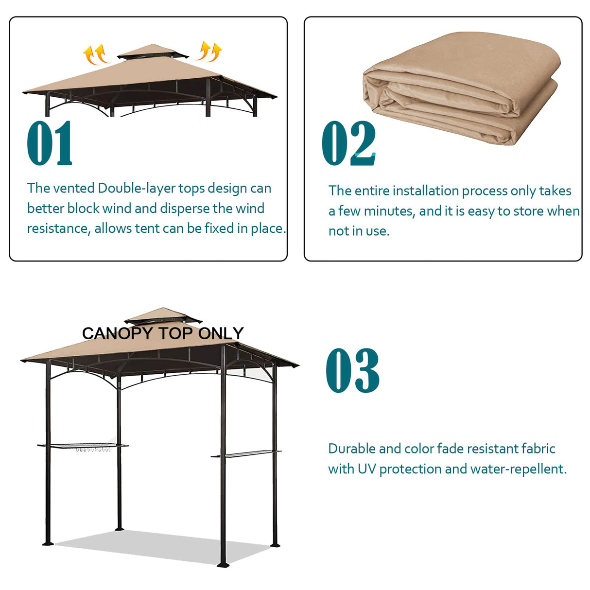 Grill Gazebo Replacement Canopy Top - Wonwon 5x8 Gazebo Roof Double Tiered Outdoor BBQ Roof Cover Grill Shelter Only Fit for Model L-GG001PST-F (Beige) Wonwon